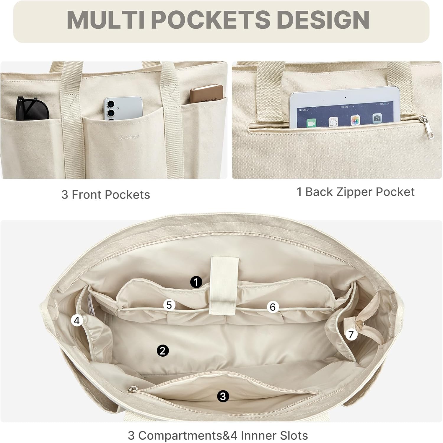 G4Free Activewear - G4free Large Zipper Canvas Tote Bag With Laptop Sleeve -TN24B474B-TN24B474C-TN24B474A