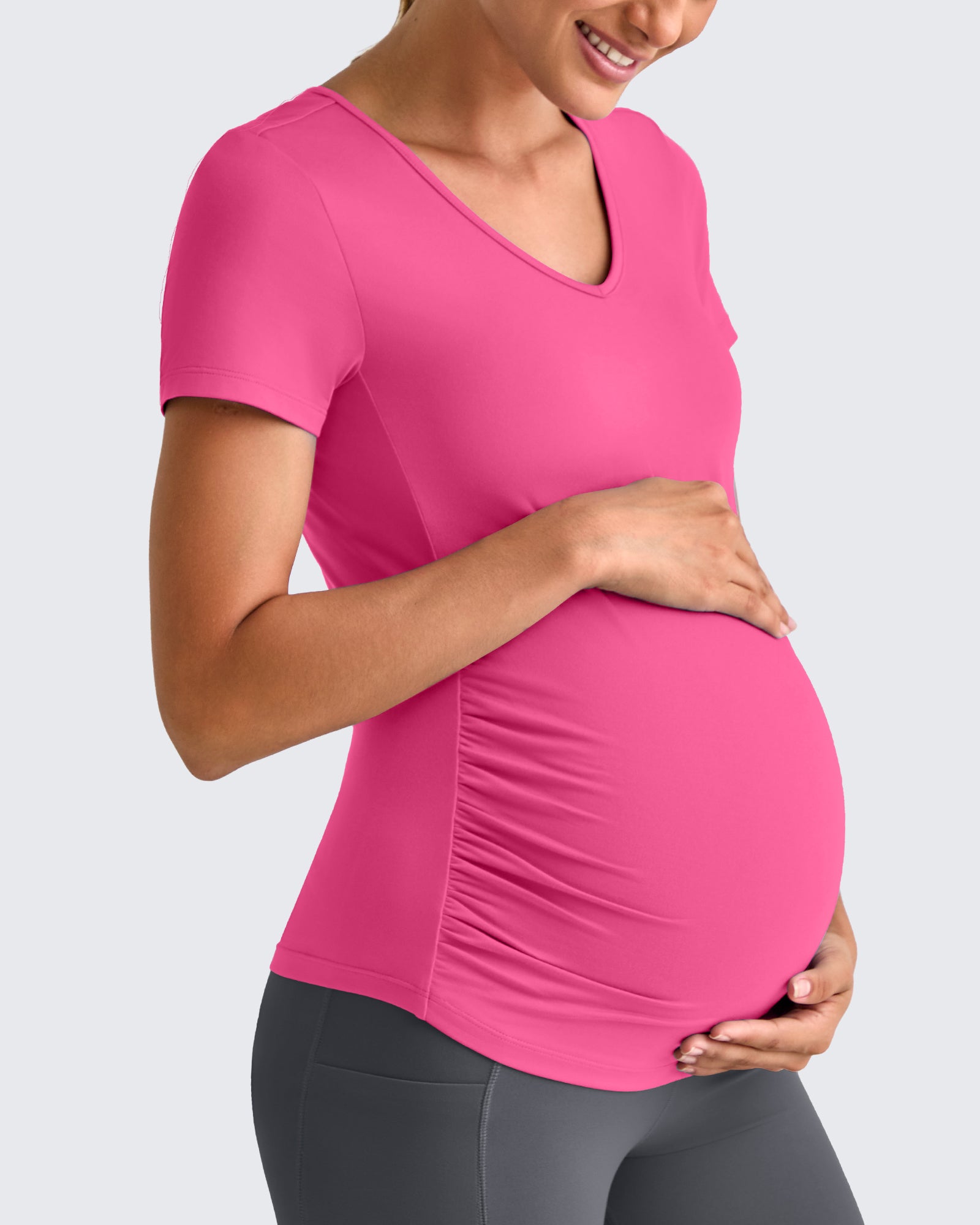 G4Free Activewear - Lightweight V Neck Side Ruched Maternity Short Sleeve -GF25KY453BA-S-GF25KY453BB-M-GF25KY453BC-L-GF25KY453BD-XL-GF25KY453BE-XXL