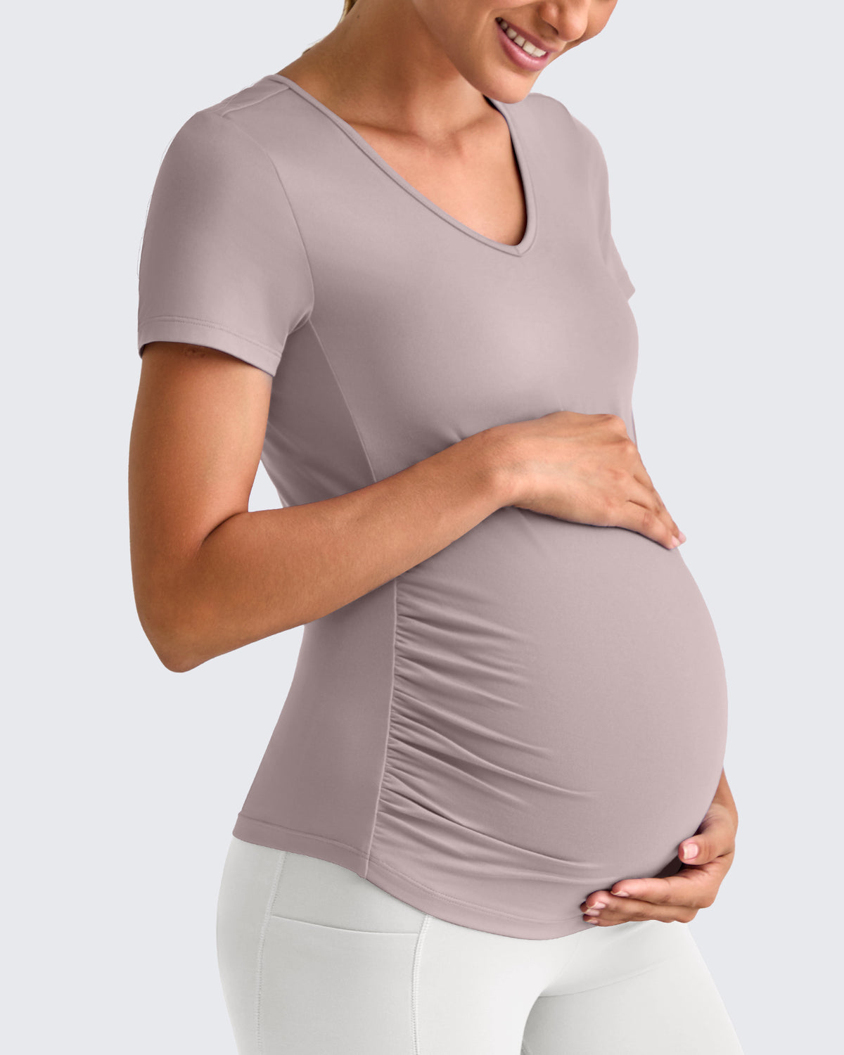 G4Free Activewear - Lightweight V Neck Side Ruched Maternity Short Sleeve -GF25KY453BA-S-GF25KY453BB-M-GF25KY453BC-L-GF25KY453BD-XL-GF25KY453BE-XXL