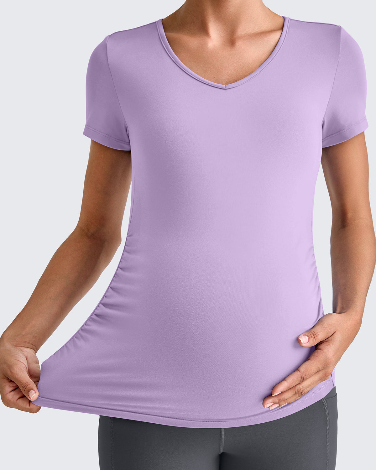 G4Free Activewear - Lightweight V Neck Side Ruched Maternity Short Sleeve -GF25KY453BA-S-GF25KY453BB-M-GF25KY453BC-L-GF25KY453BD-XL-GF25KY453BE-XXL
