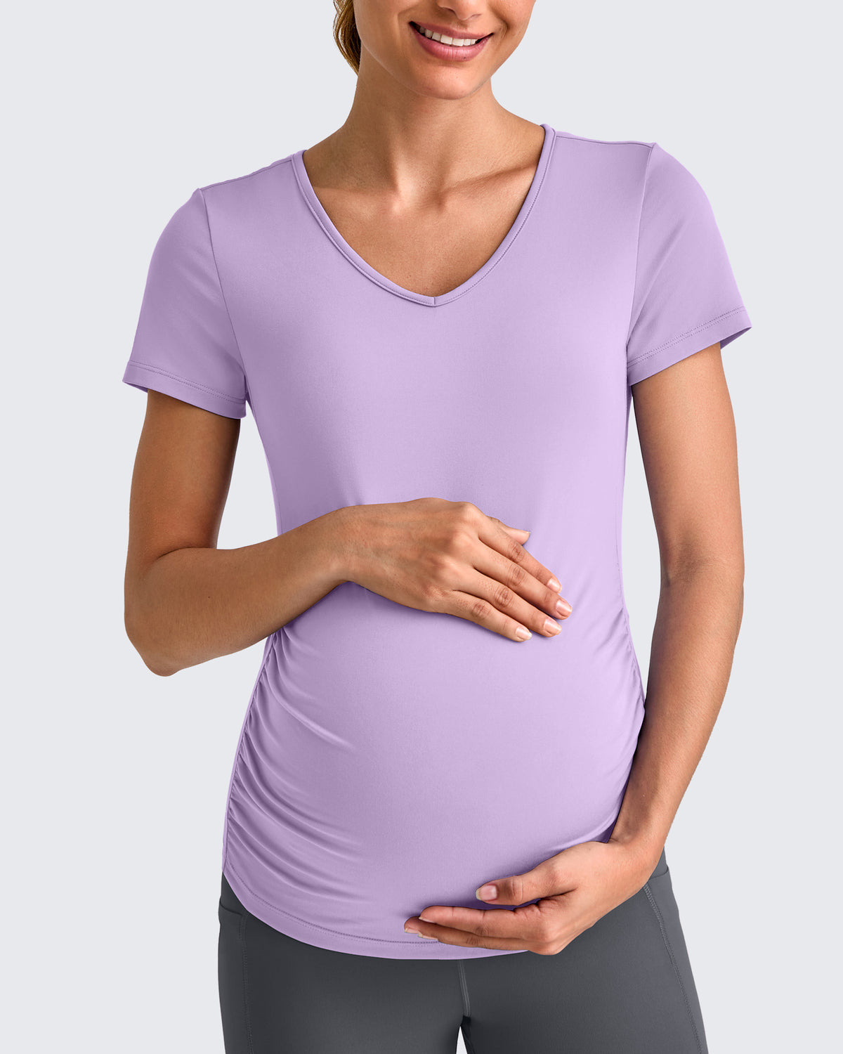 G4Free Activewear - Lightweight V Neck Side Ruched Maternity Short Sleeve -GF25KY453BA-S-GF25KY453BB-M-GF25KY453BC-L-GF25KY453BD-XL-GF25KY453BE-XXL