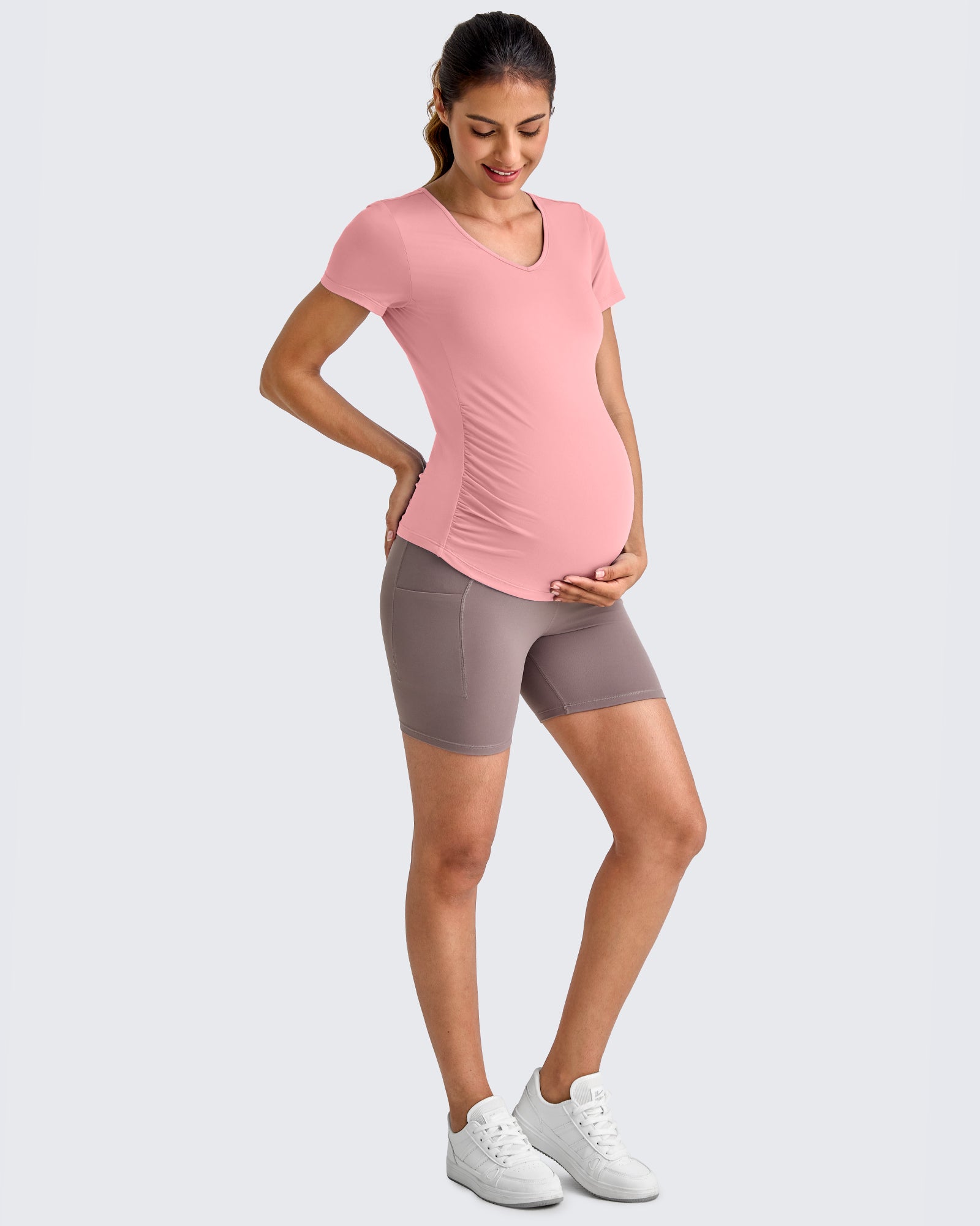 G4Free Activewear - Lightweight V Neck Side Ruched Maternity Short Sleeve -GF25KY453BA-S-GF25KY453BB-M-GF25KY453BC-L-GF25KY453BD-XL-GF25KY453BE-XXL