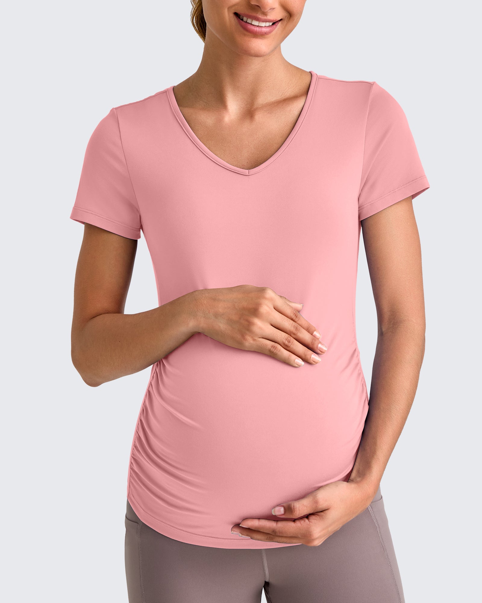 G4Free Activewear - Lightweight V Neck Side Ruched Maternity Short Sleeve -GF25KY453BA-S-GF25KY453BB-M-GF25KY453BC-L-GF25KY453BD-XL-GF25KY453BE-XXL