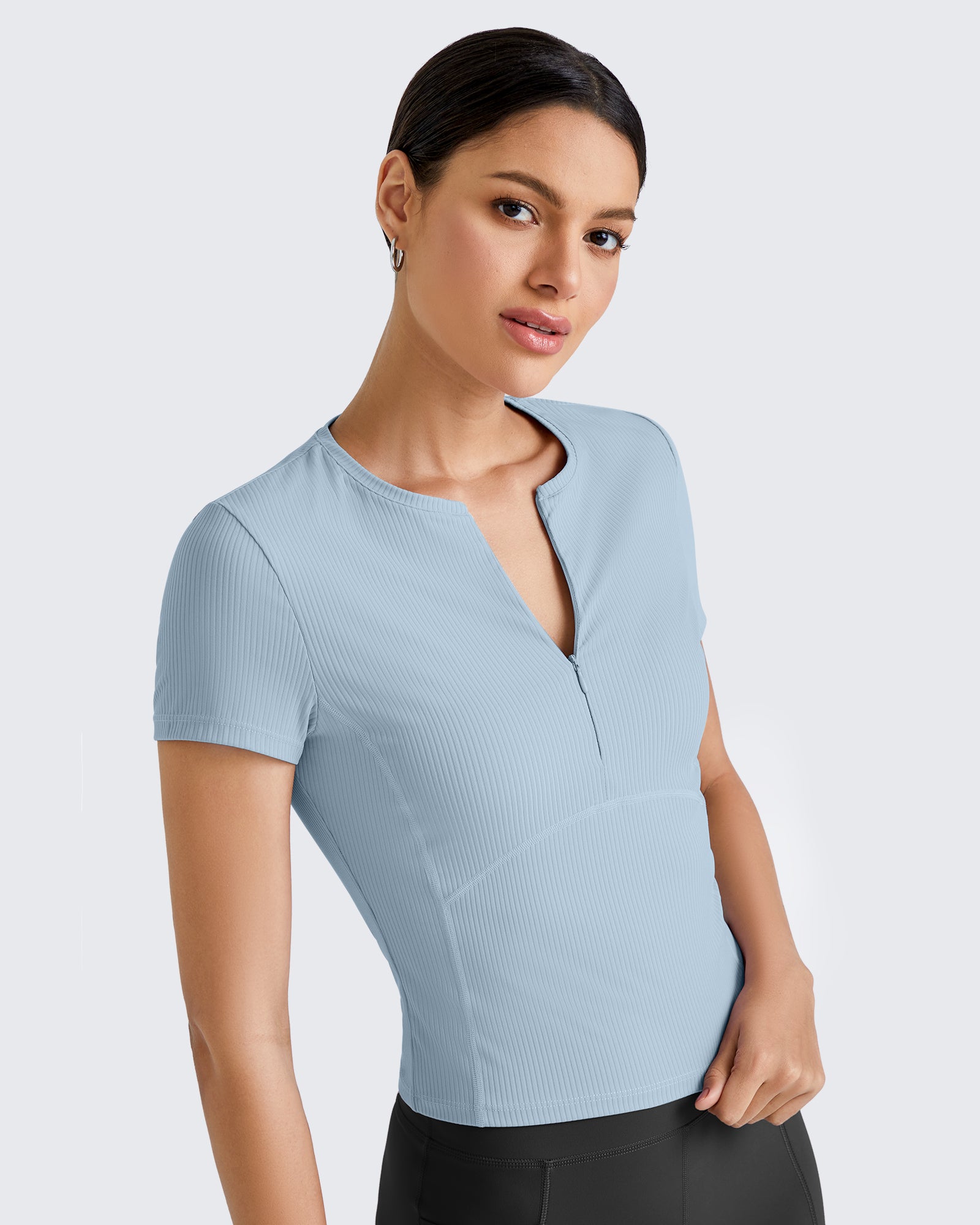 G4Free Activewear - Ribbed Half Zip Slim Work Out Short Sleeve -GF25K332AA-S-GF25K332AB-M-GF25K332AC-L-GF25K332AD-XL-GF25K332AF-XS