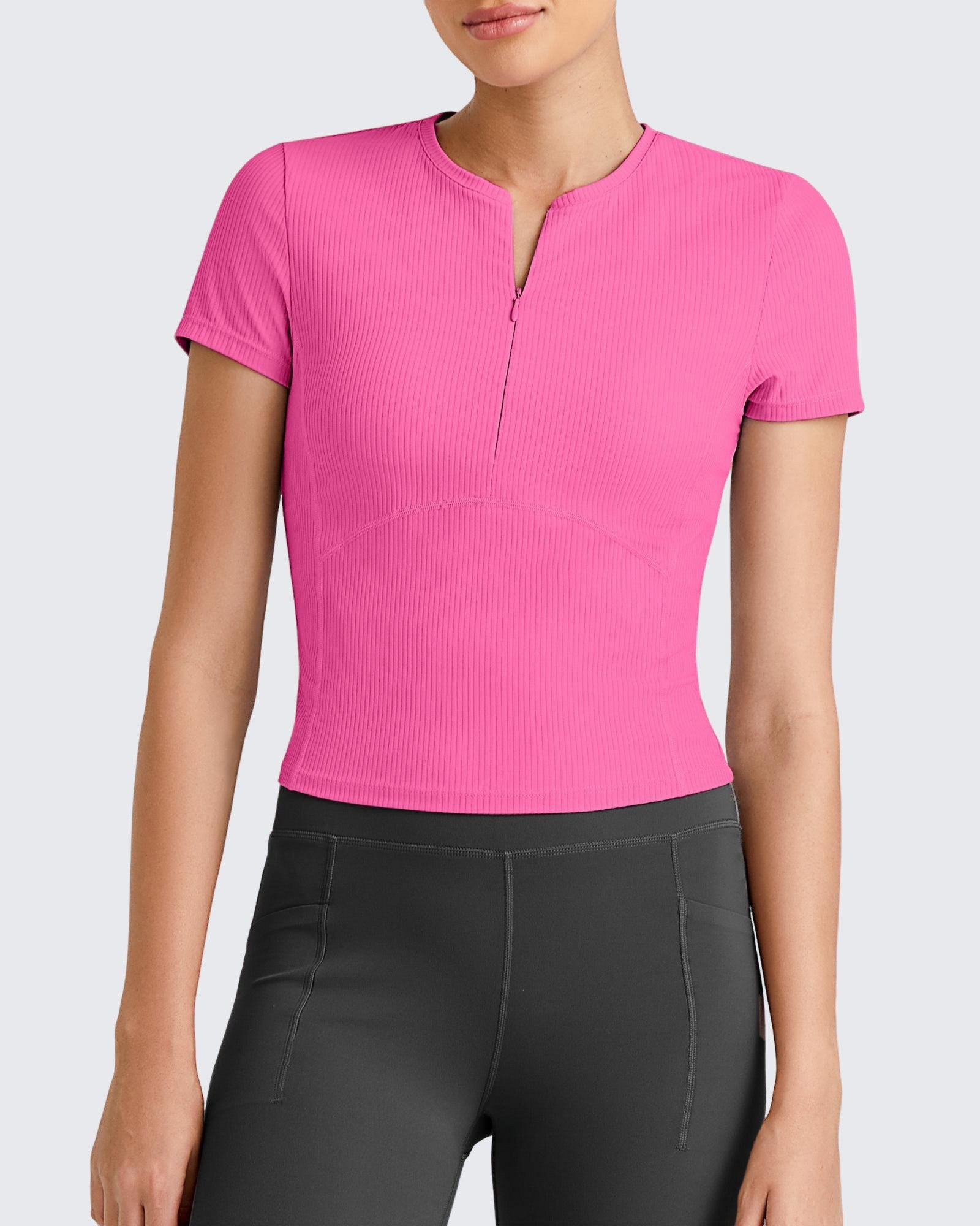 G4Free Activewear - Ribbed Half Zip Slim Work Out Short Sleeve -GF25K332AA-S-GF25K332AB-M-GF25K332AC-L-GF25K332AD-XL-GF25K332AF-XS