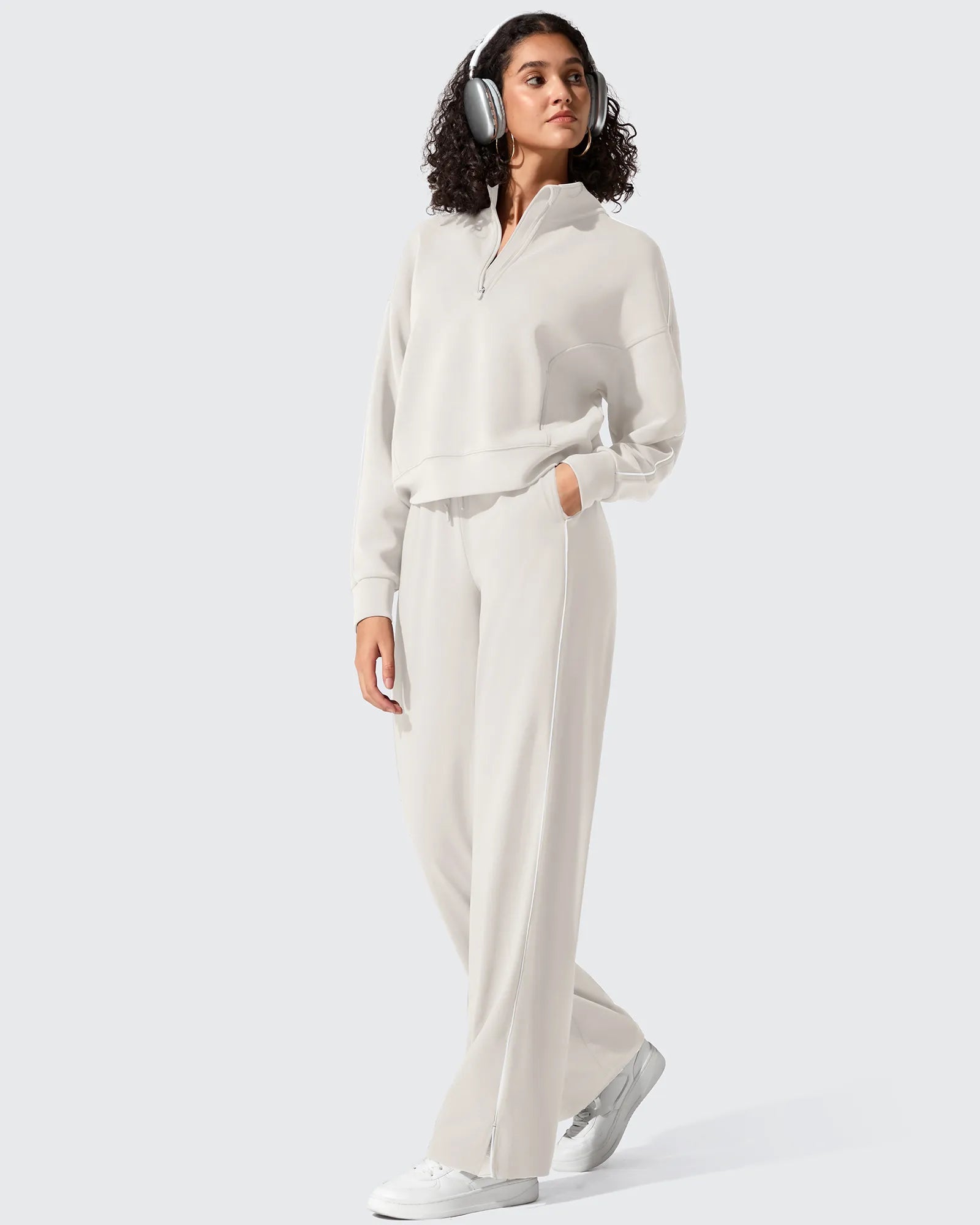 G4Free Activewear - Smoofit Half-Zip White Piping Mock Neck Pullover Sweatshirts -GF25F557AF-XS-GF25F557AA-S-GF25F557AB-M-GF25F557AC-L-GF25F557AD-XL