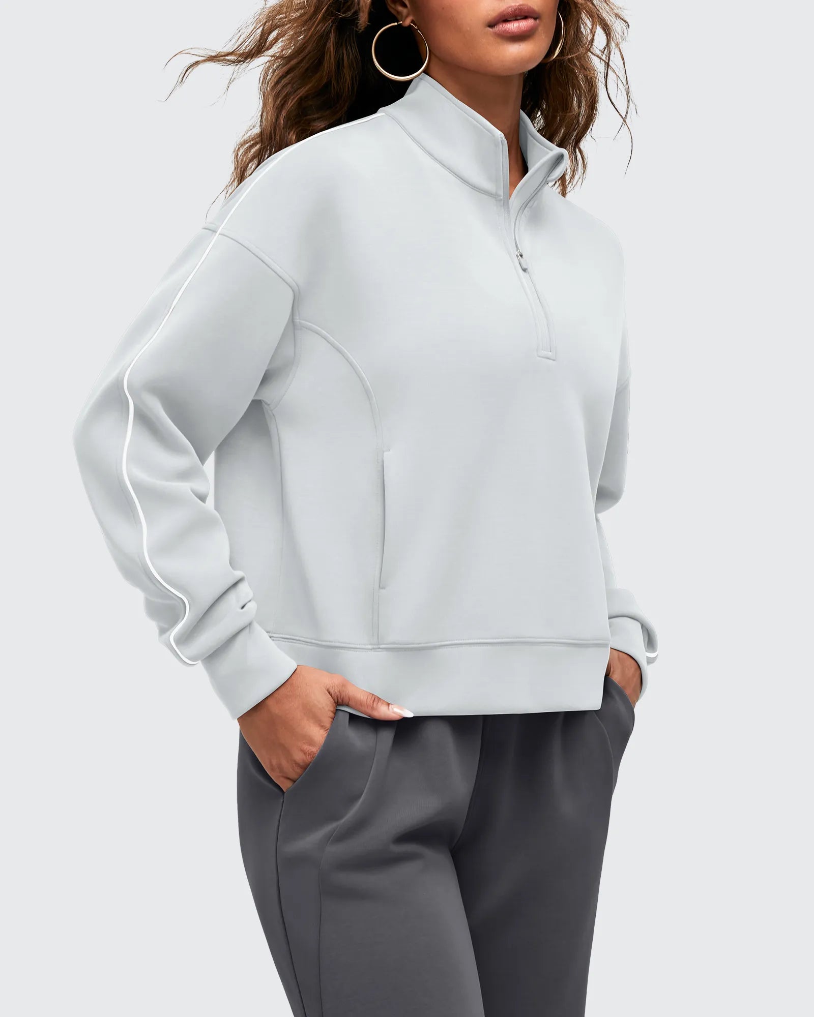 G4Free Activewear - Smoofit Half-Zip White Piping Mock Neck Pullover Sweatshirts -GF25F557AF-XS-GF25F557AA-S-GF25F557AB-M-GF25F557AC-L-GF25F557AD-XL