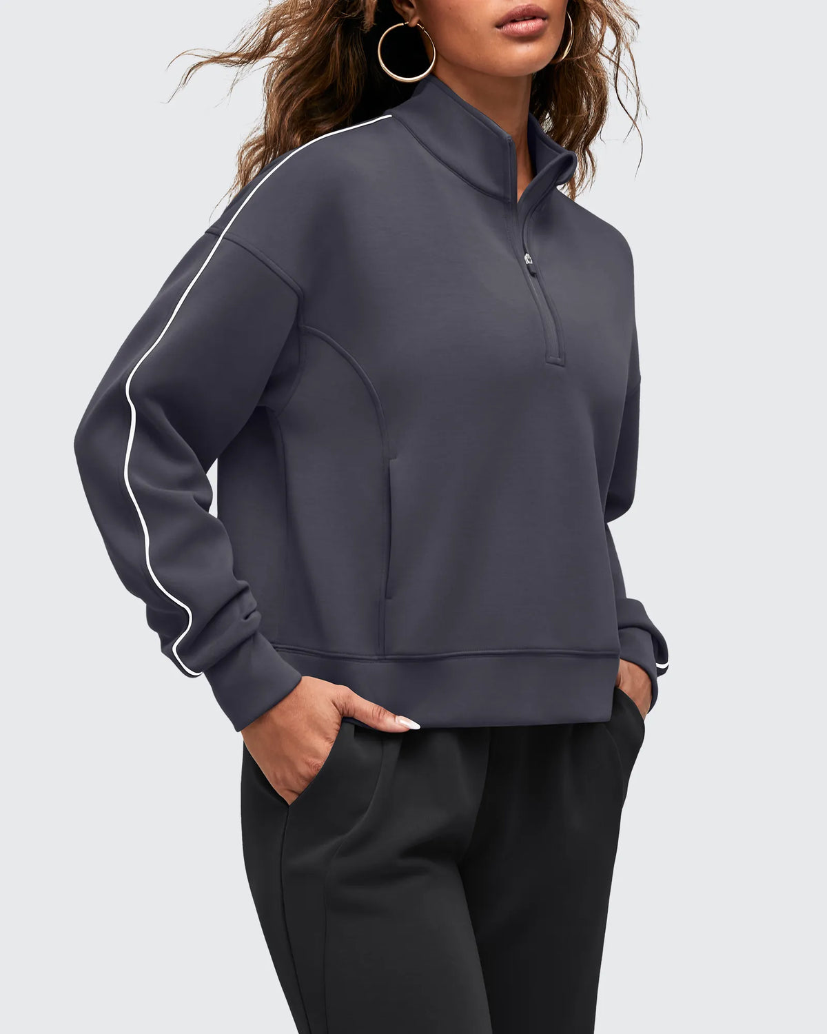 G4Free Activewear - Smoofit Half-Zip White Piping Mock Neck Pullover Sweatshirts -GF25F557AF-XS-GF25F557AA-S-GF25F557AB-M-GF25F557AC-L-GF25F557AD-XL