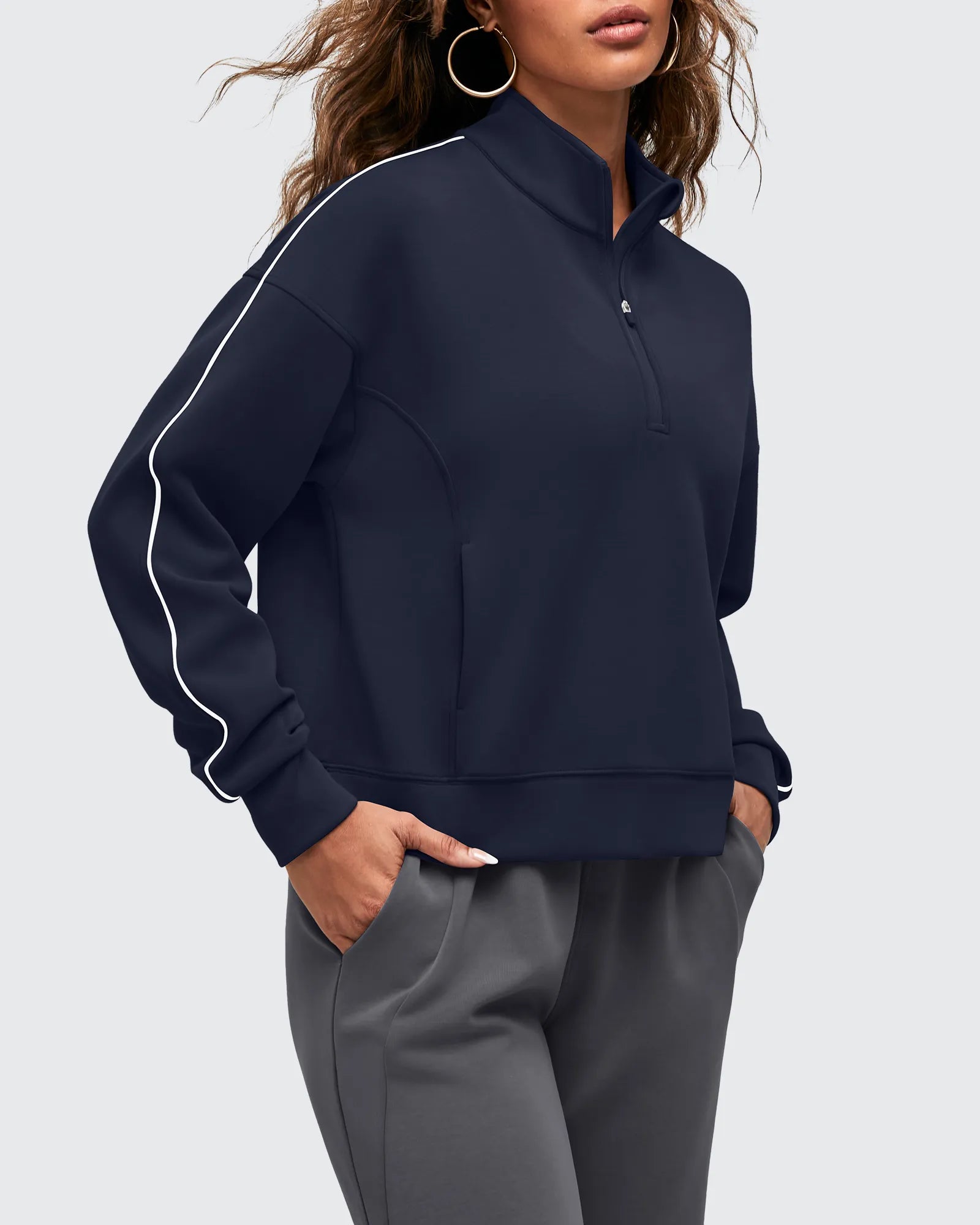 G4Free Activewear - Smoofit Half-Zip White Piping Mock Neck Pullover Sweatshirts -GF25F557AF-XS-GF25F557AA-S-GF25F557AB-M-GF25F557AC-L-GF25F557AD-XL