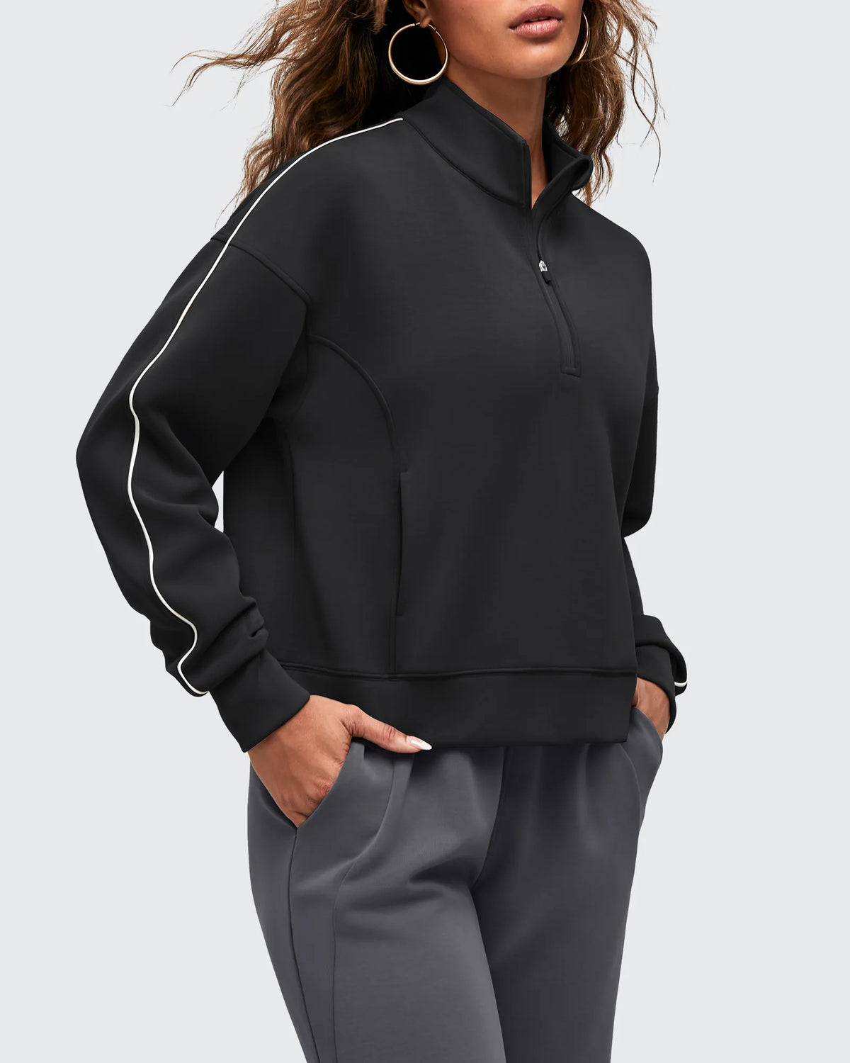 G4Free Activewear - Smoofit Half-Zip White Piping Mock Neck Pullover Sweatshirts -GF25F557AF-XS-GF25F557AA-S-GF25F557AB-M-GF25F557AC-L-GF25F557AD-XL