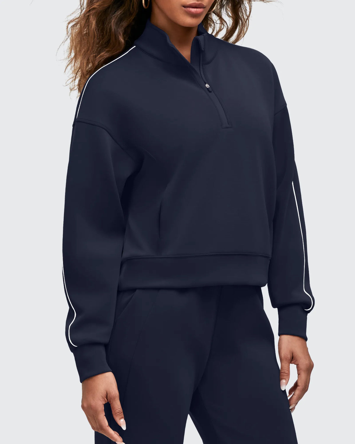 G4Free Activewear - Smoofit Half-Zip White Piping Mock Neck Pullover Sweatshirts -GF25F557AF-XS-GF25F557AA-S-GF25F557AB-M-GF25F557AC-L-GF25F557AD-XL