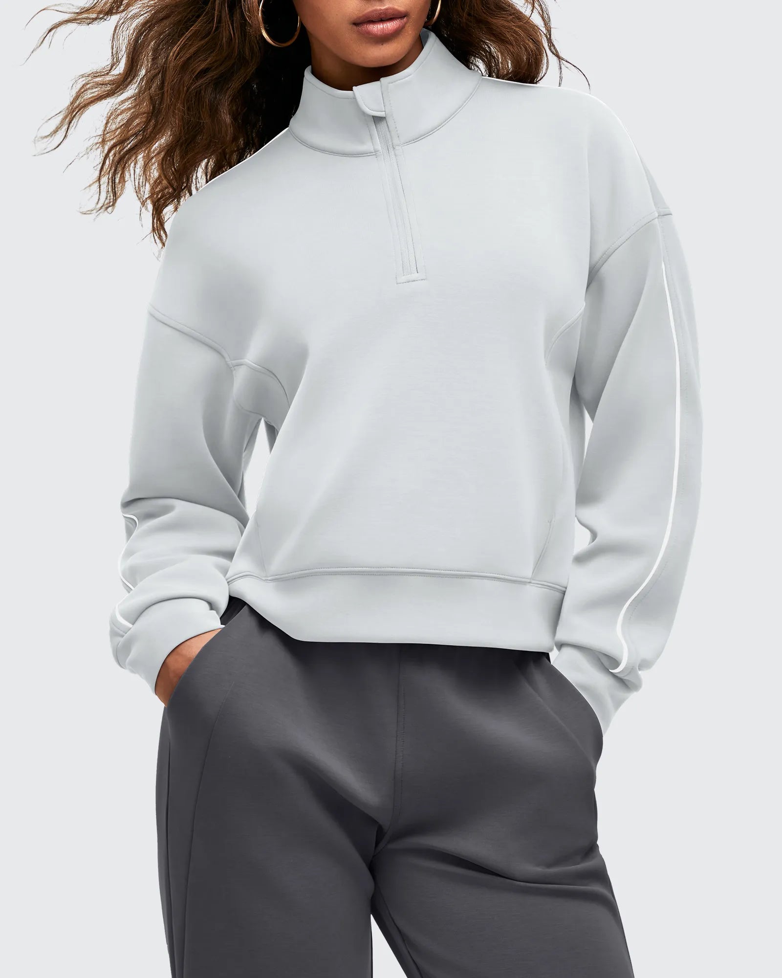 G4Free Activewear - Smoofit Half-Zip White Piping Mock Neck Pullover Sweatshirts -GF25F557AF-XS-GF25F557AA-S-GF25F557AB-M-GF25F557AC-L-GF25F557AD-XL