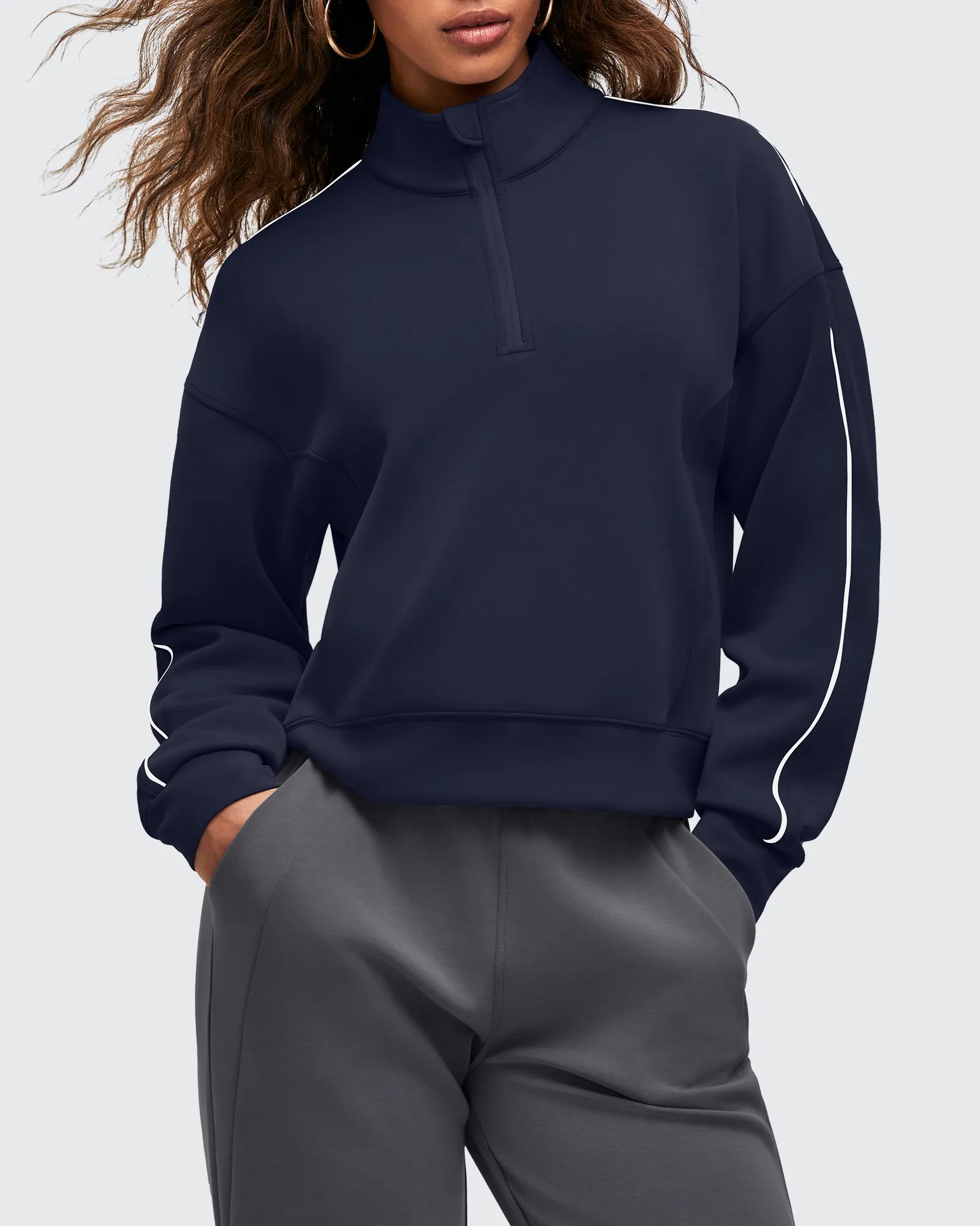 G4Free Activewear - Smoofit Half-Zip White Piping Mock Neck Pullover Sweatshirts -GF25F557AF-XS-GF25F557AA-S-GF25F557AB-M-GF25F557AC-L-GF25F557AD-XL