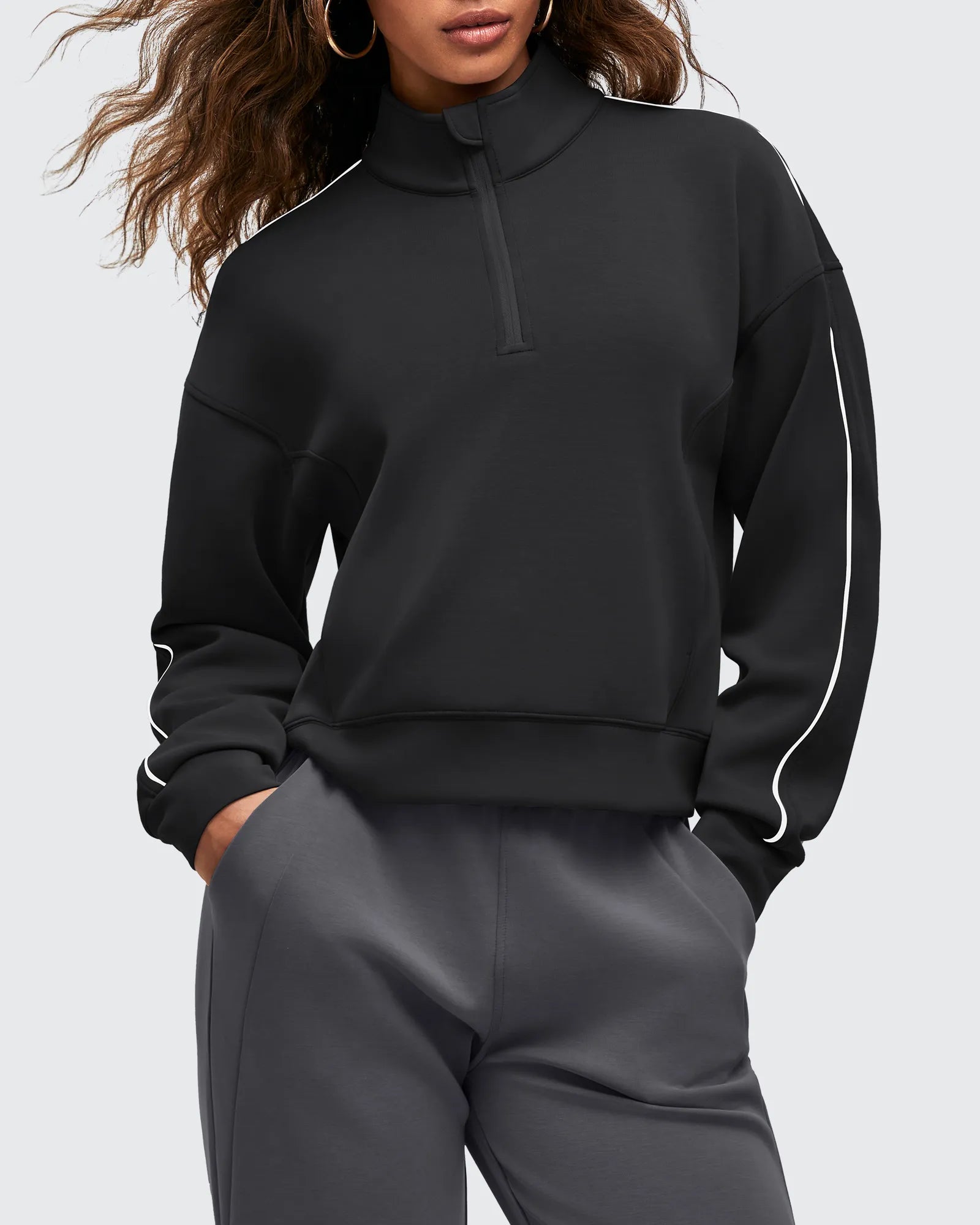 G4Free Activewear - Smoofit Half-Zip White Piping Mock Neck Pullover Sweatshirts -GF25F557AF-XS-GF25F557AA-S-GF25F557AB-M-GF25F557AC-L-GF25F557AD-XL