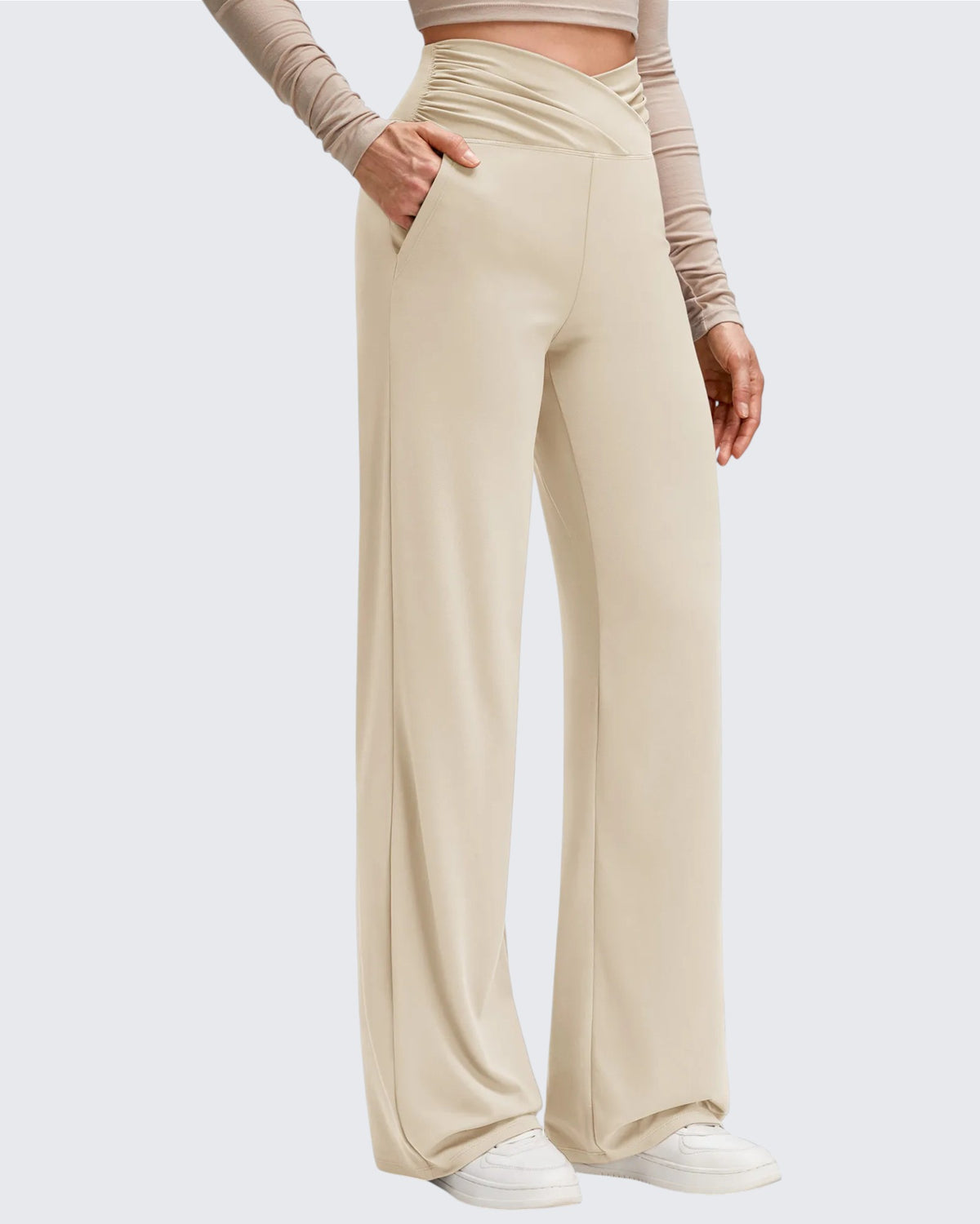 G4Free - BareFeel Side Pleated V Waist Wide Leg Yoga Pants -GF25J596BA-S