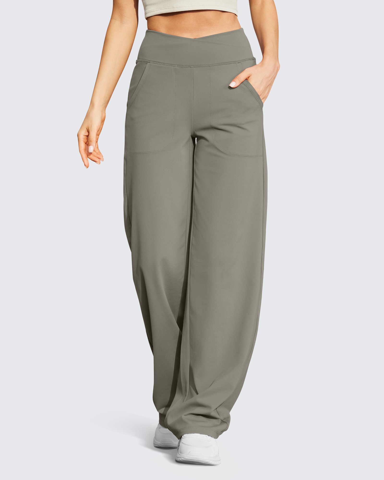G4Free Yogabroek, voor dames, met wijde pijpen, zakken, hoge taille, stretch, trainingsbroek, lounge broek, Licht Kaki, S G4Free Yogabroek, voor dames, met wijde pijpen, zakken, hoge taille, stretch, trainingsbroek, lounge broek, Licht Kaki, S