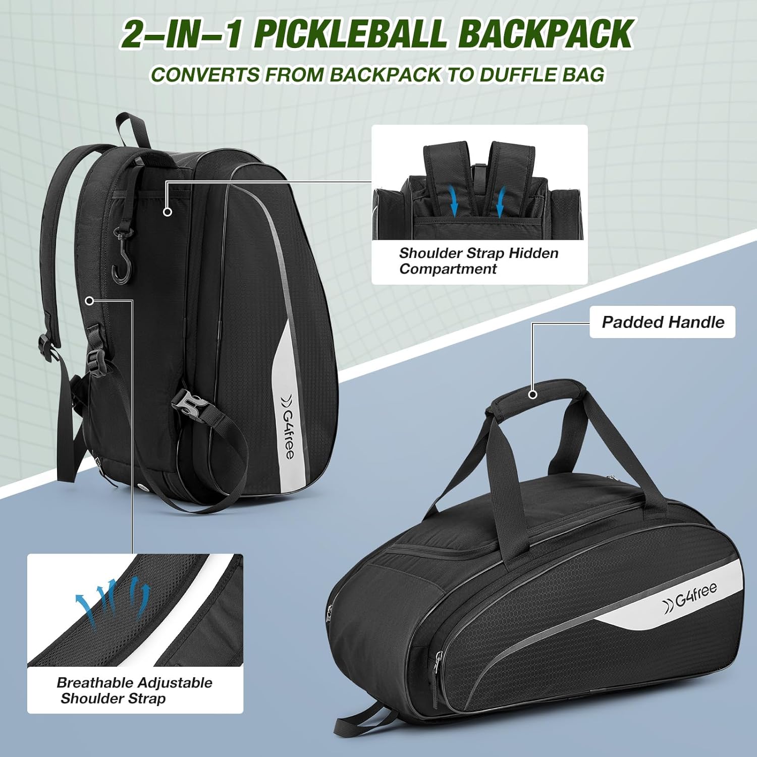 G4Free - G4Free 2-in-1 Pickleball Bag Pickleball Backpack Pickle Ball Bag Holds 4+ Paddles with Fence Hook Thermal Insulation Compartment -TN25B517A-TN25B517B