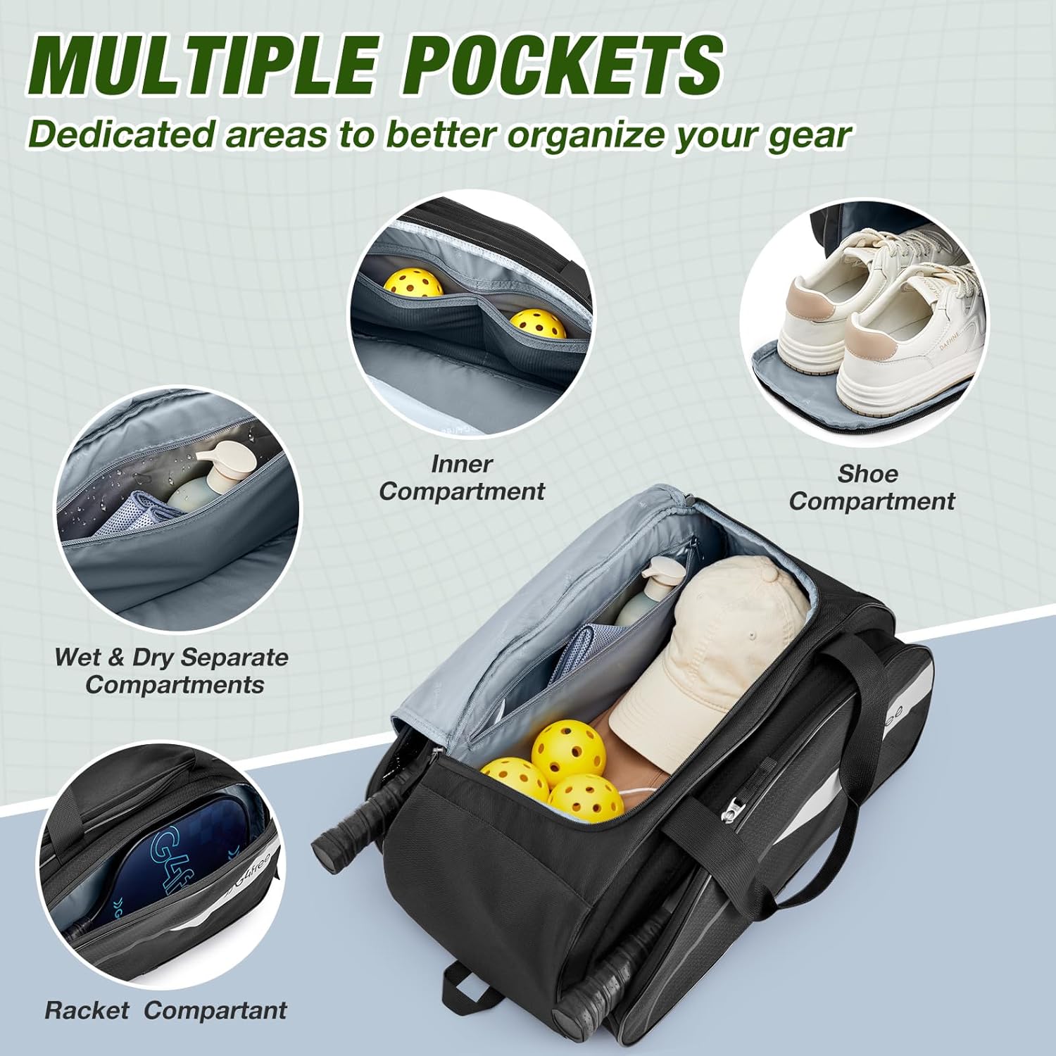 G4Free - G4Free 2-in-1 Pickleball Bag Pickleball Backpack Pickle Ball Bag Holds 4+ Paddles with Fence Hook Thermal Insulation Compartment -TN25B517A-TN25B517B