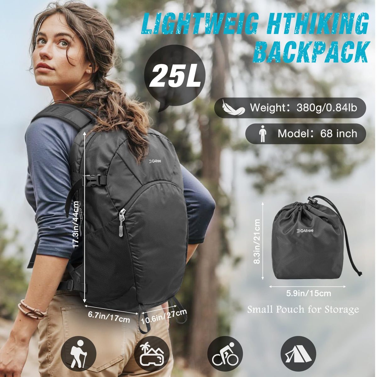 G4Free - G4Free 25L Packable Hiking Backpack with Thickened Back Panel -TN25B507A-TN25B507B-TN25B507C