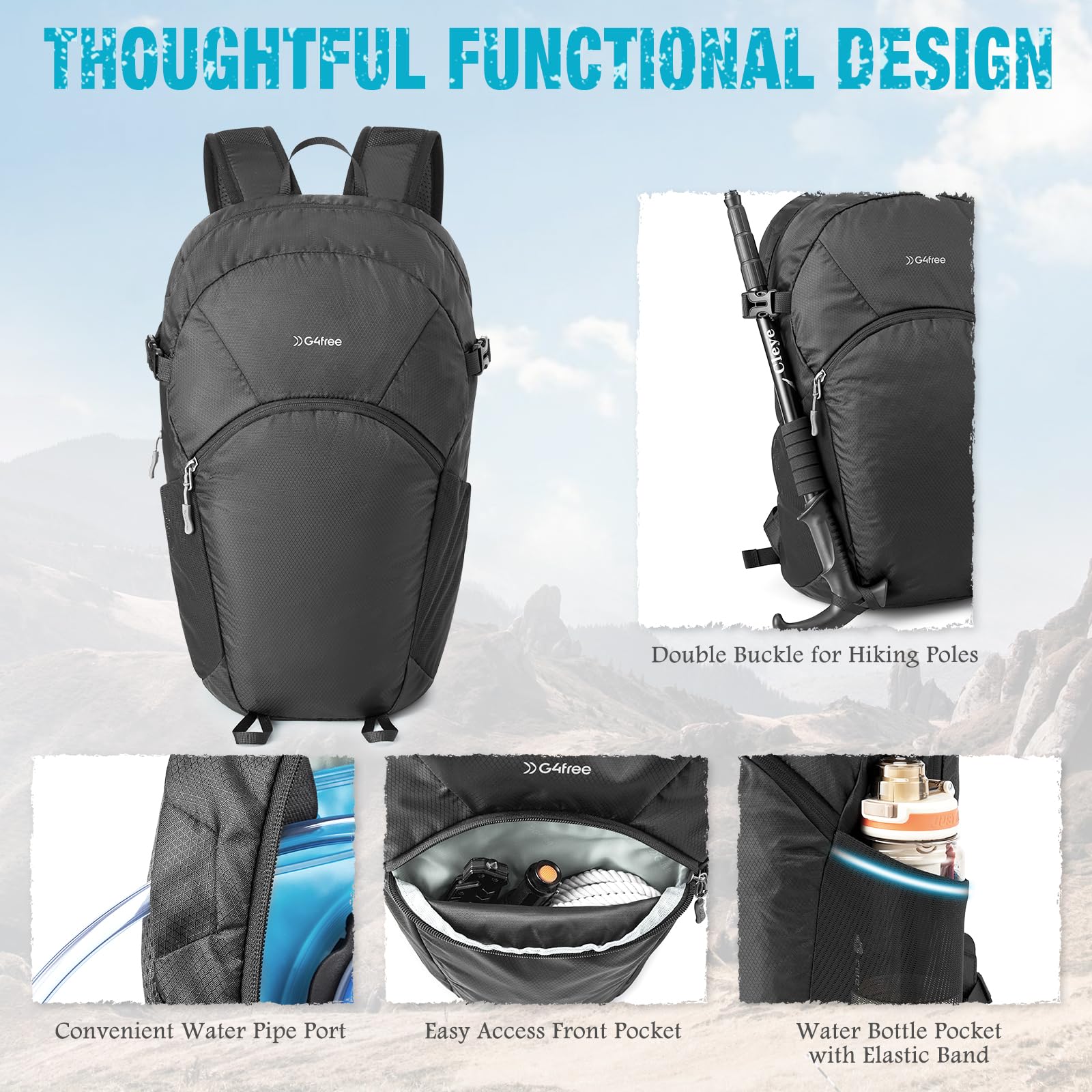 G4Free - G4Free 25L Packable Hiking Backpack with Thickened Back Panel -TN25B507A-TN25B507B-TN25B507C