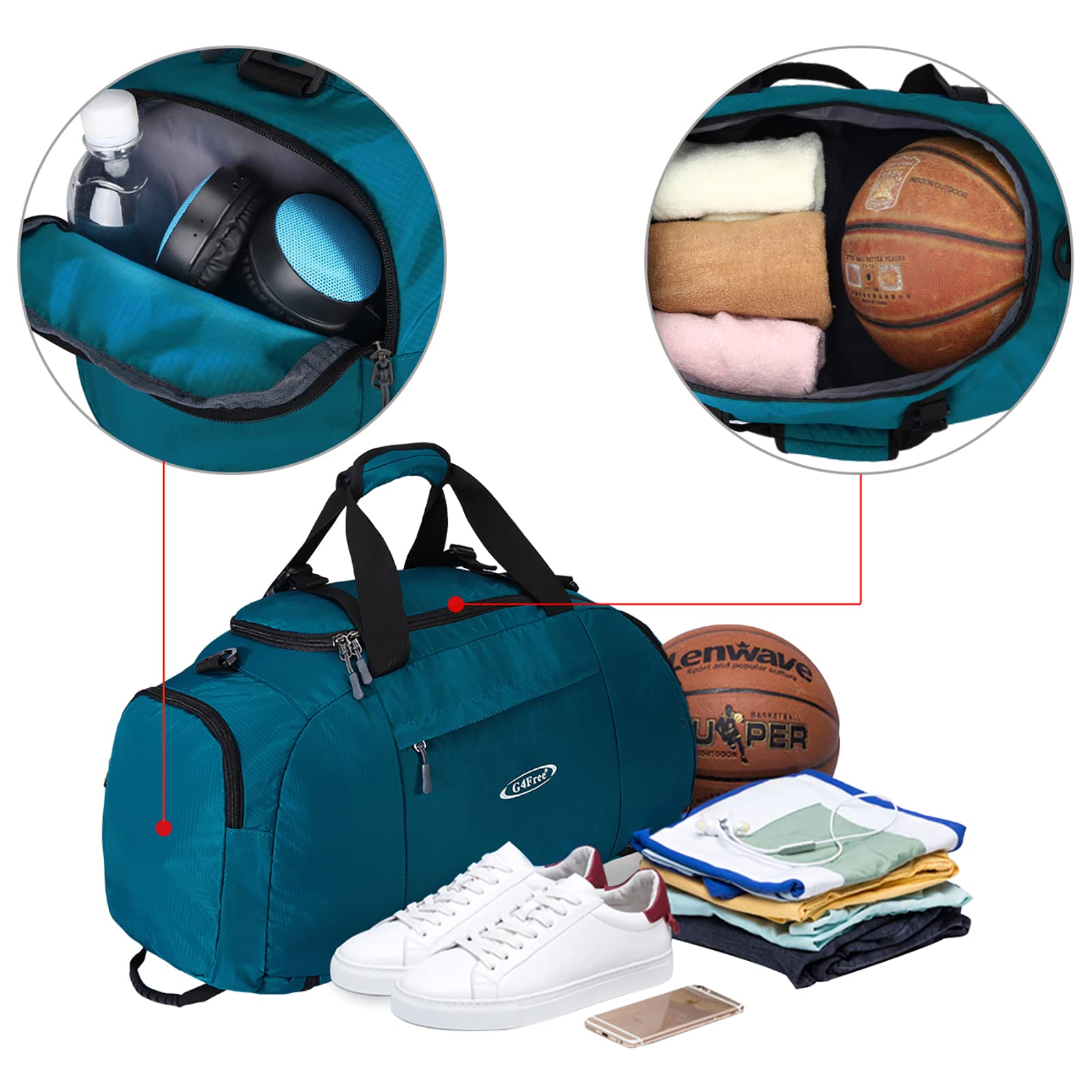 G4Free Foldable Travel Duffel Bag Lightweight 40L Large Luggage Gym Backpack Sports Bag with Shoe Compartment for Traveling Swimming Yoga Hiking