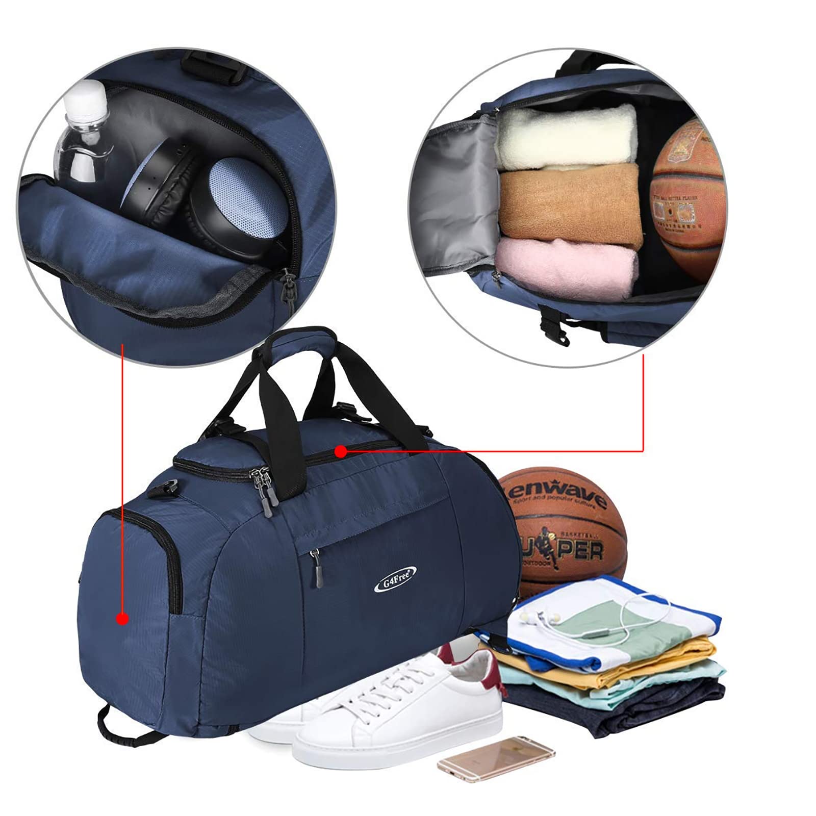 G4Free 40L 3-Way Duffle Bag Backpack Gym Bag Black