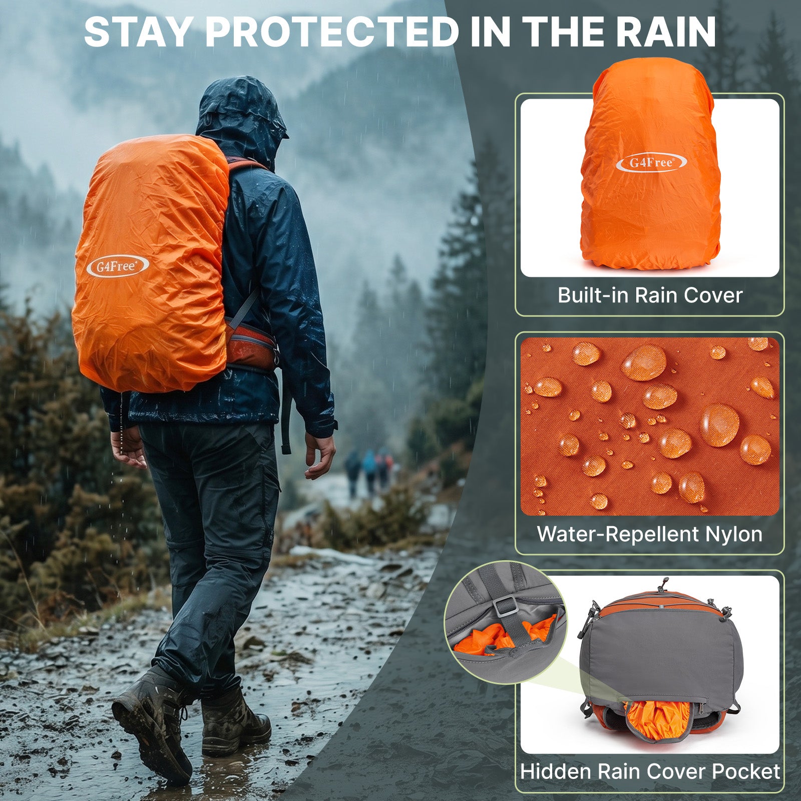 G4Free - G4Free 40L Lightweight Travel Backpack with Rain Cover -TN26B623A-TN26B623B-TN26B623C