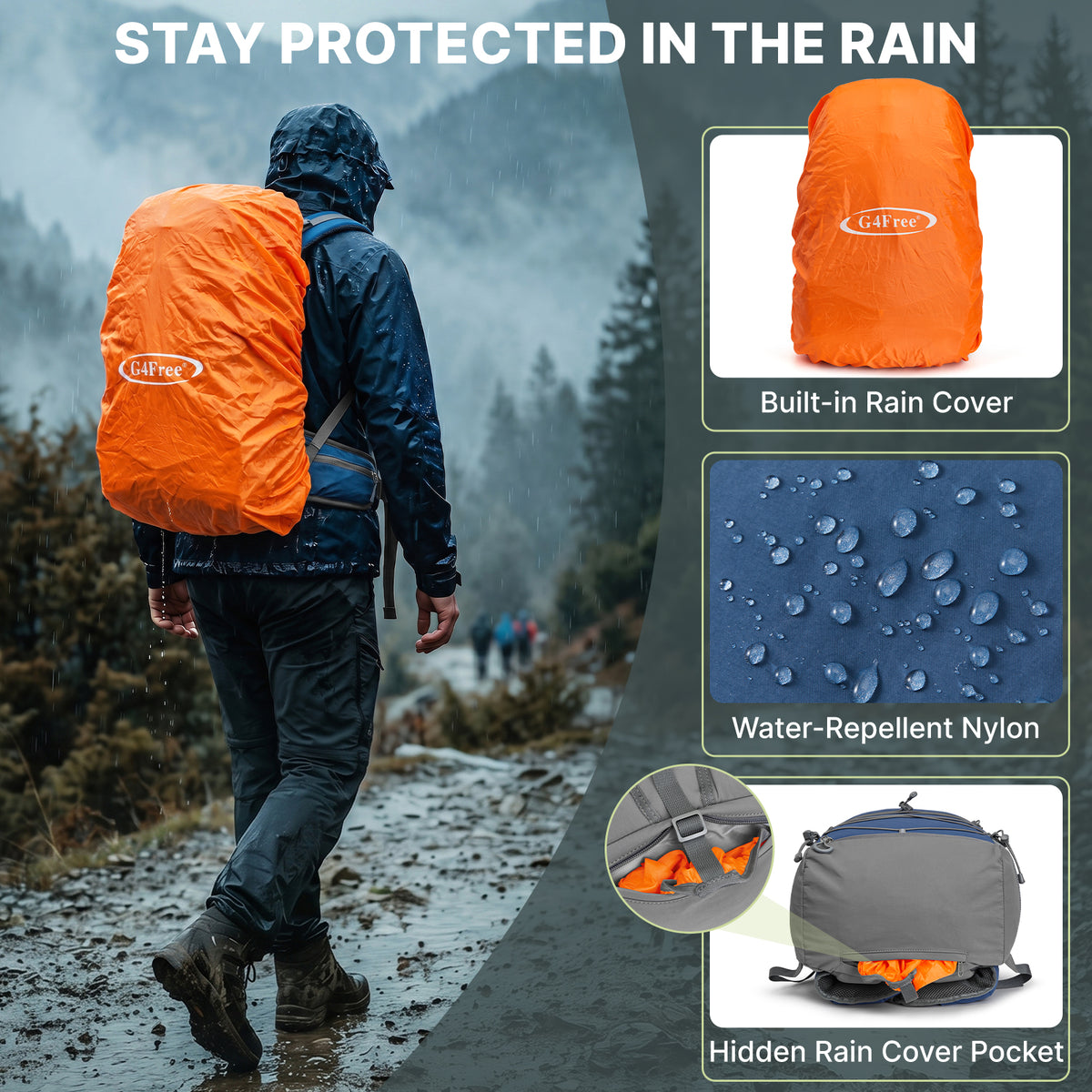 G4Free - G4Free 40L Lightweight Travel Backpack with Rain Cover -TN26B623A-TN26B623B-TN26B623C