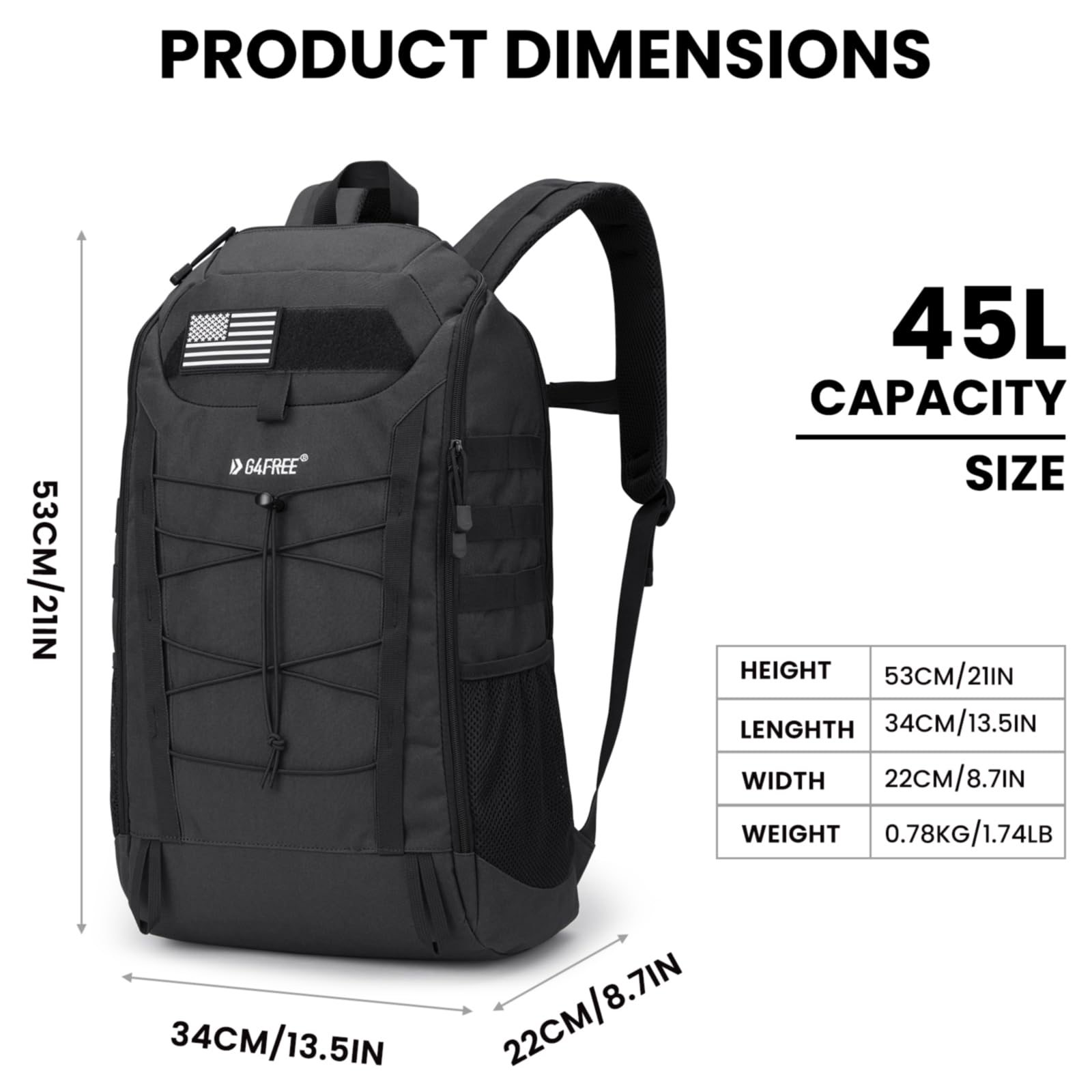 G4Free - G4Free 45L Military Tactical Backpack 3 Day Survival Molle Pack -TN23B193A-TN23B193C-TN23B193B
