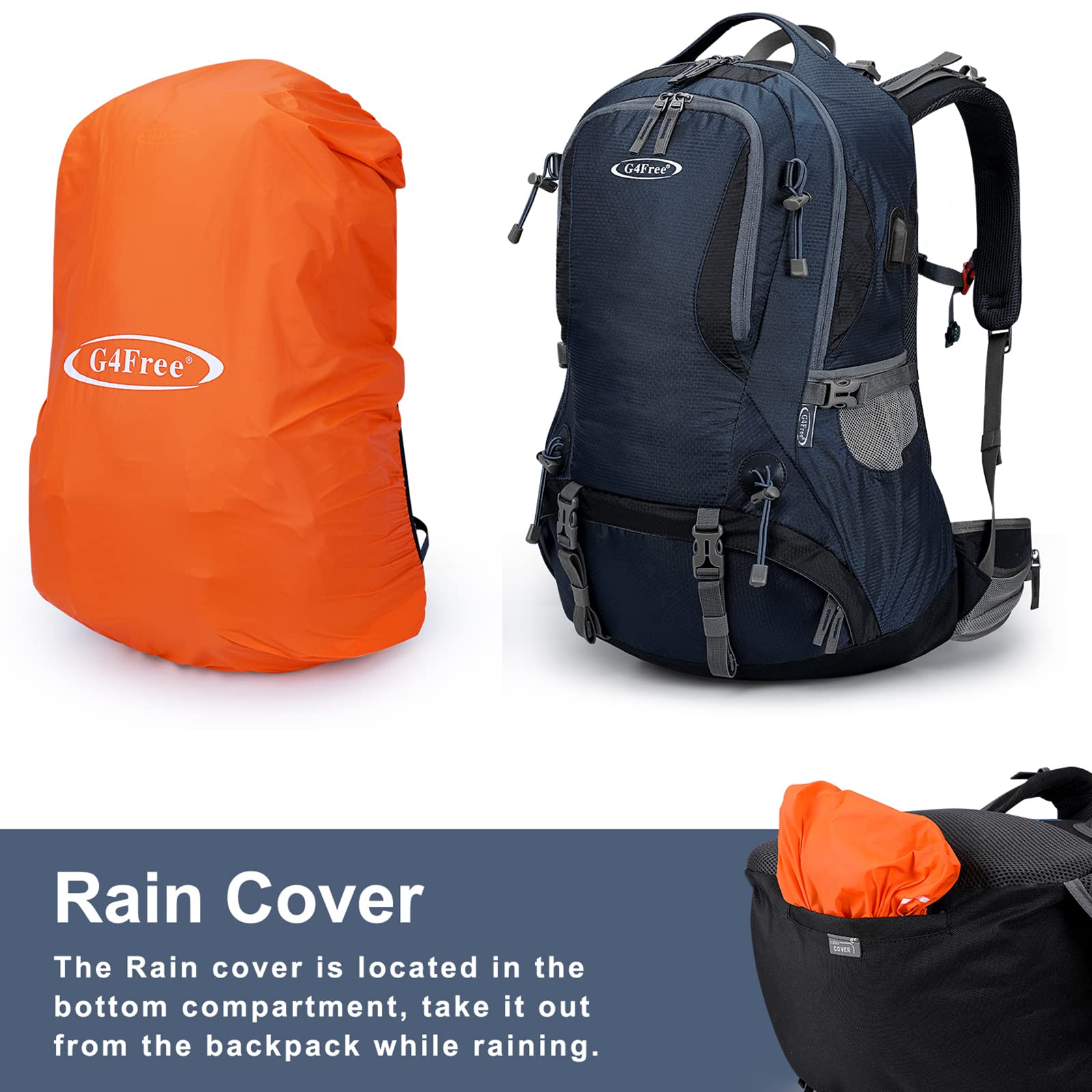 G4Free 50L Hiking Backpack with Rain Cover for Men Women Navy Blue