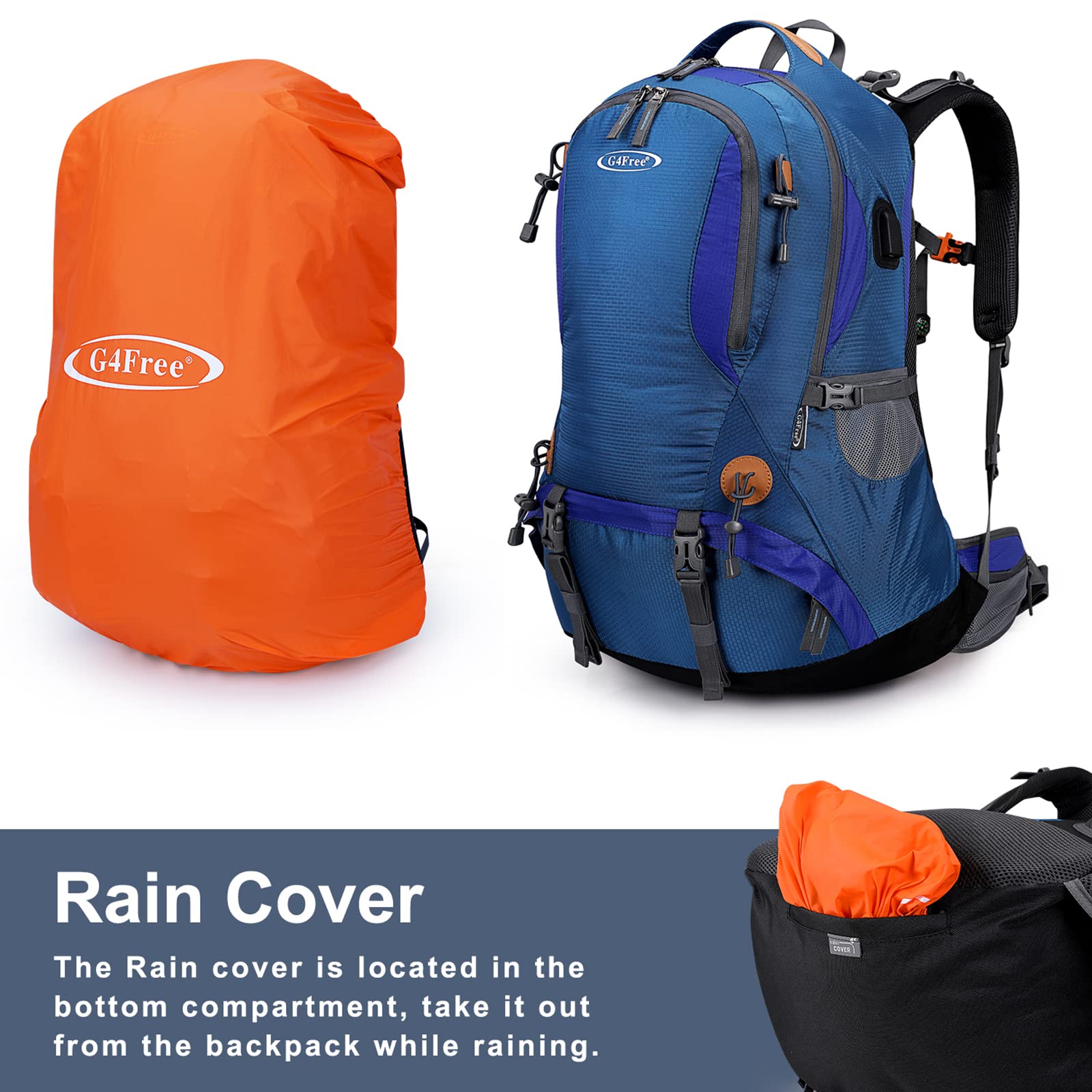 G4Free 50L Hiking Backpack with Rain Cover for Men Women Navy Blue