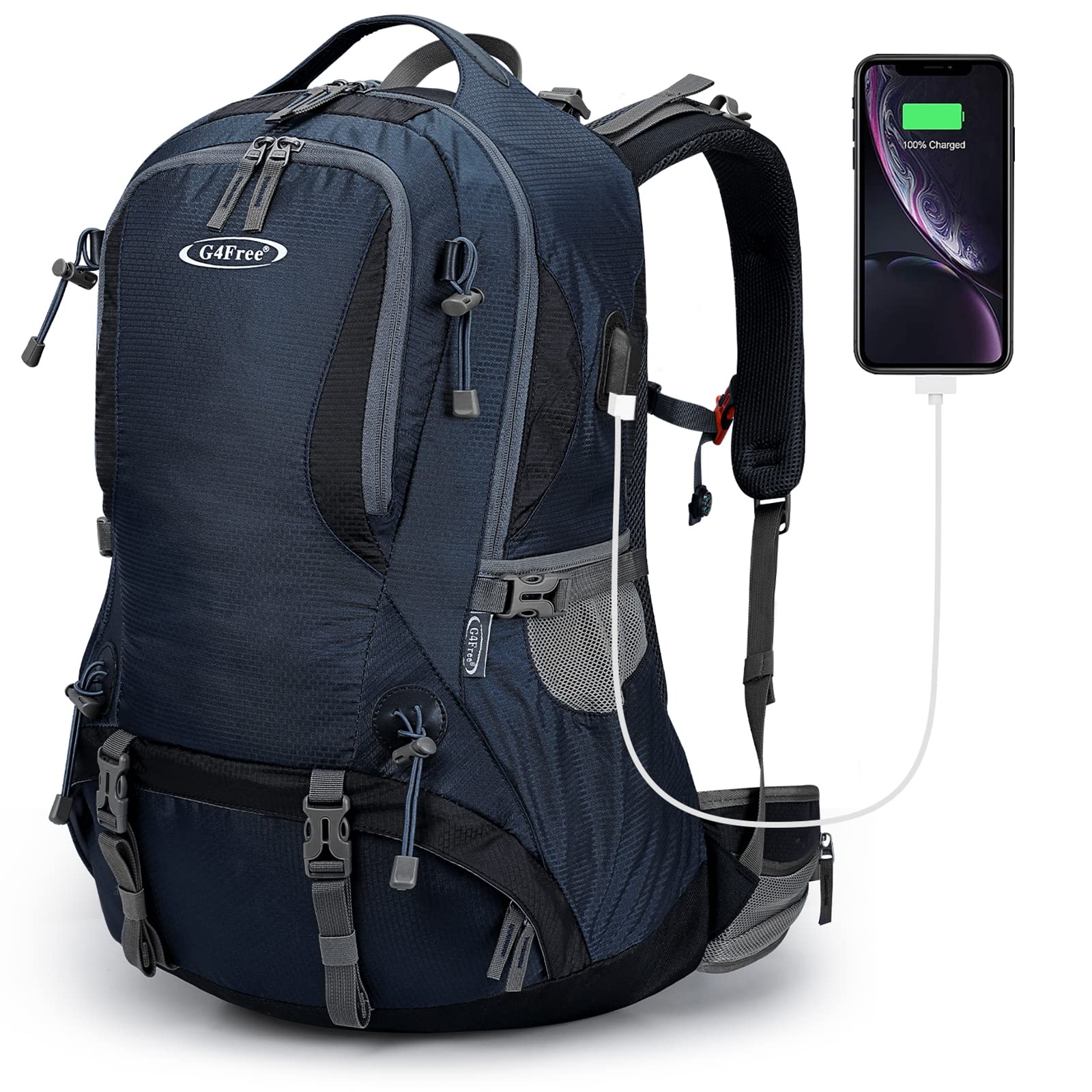 G4Free 50L Hiking Backpack with Rain Cover for Men Women Navy Blue