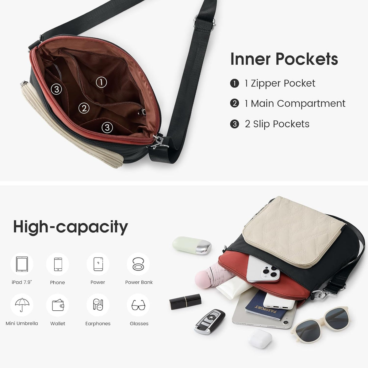 G4Free - G4Free Anti-Theft Crossbody Bags, Lightweight Nylon Shoulder Purse Medium Handbags -TN25B551A-TN25B551B-TN25B551C