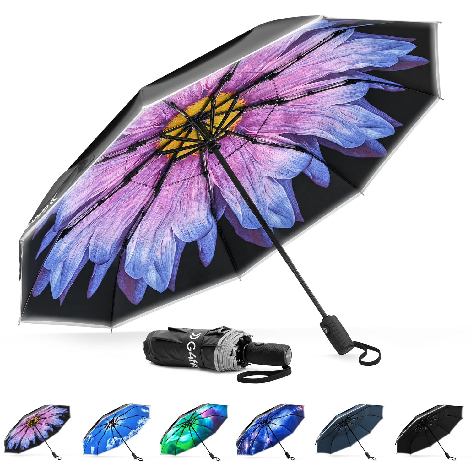 G4Free - G4Free Eco Fiberglass Frame Double Canopy Reflective Strip Auto Folding Umbrella -TN24A423A