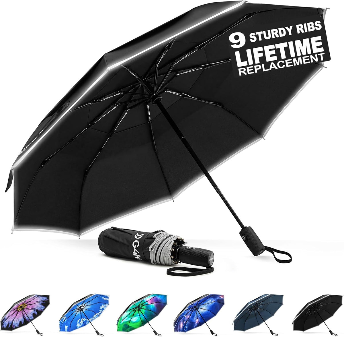 G4Free - G4Free Eco Fiberglass Frame Double Canopy Reflective Strip Auto Folding Umbrella -TN24A423A-TN24A424B-TN24A424A-TN24A424C-TN24A423B