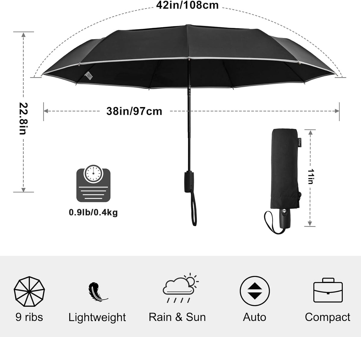 G4Free - G4Free Eco Fiberglass Frame Double Canopy Reflective Strip Auto Folding Umbrella -TN24A423A-TN24A424B-TN24A424A-TN24A424C-TN24A423B