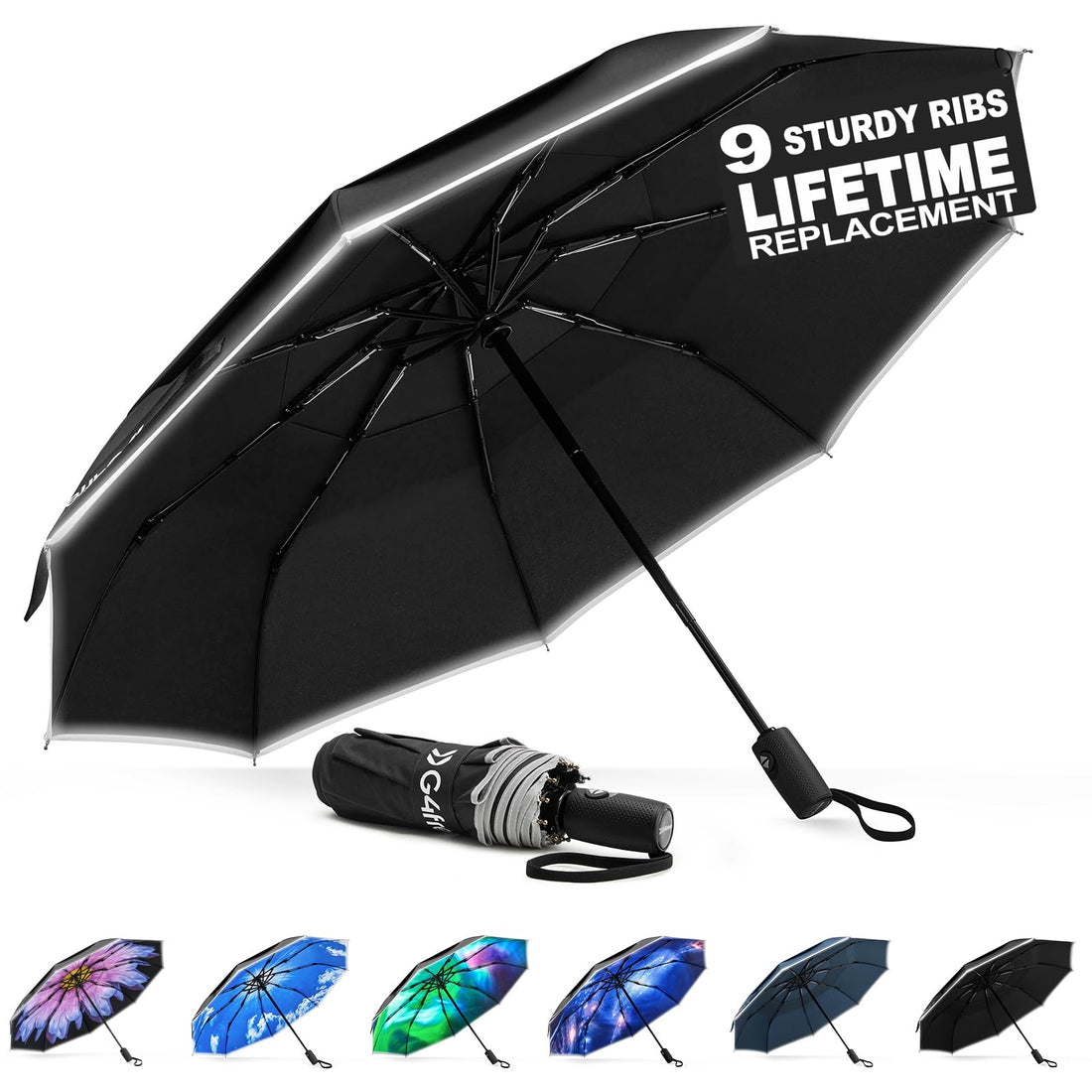 G4Free - G4Free Eco Fiberglass Frame Double Canopy Reflective Strip Auto Folding Umbrella -TN24A423A-TN24A424B-TN24A424A-TN24A424C-TN24A423B