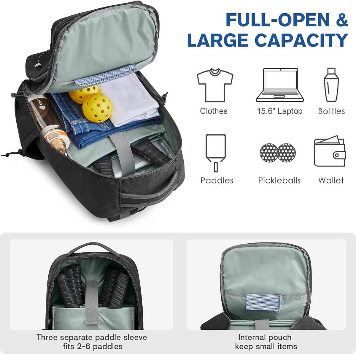 G4Free - G4Free Pickleball Backpack Fits 2 to 6 Paddles, Large Pickleball Bag with Fence Hook -TN25B496A-TN25B496B