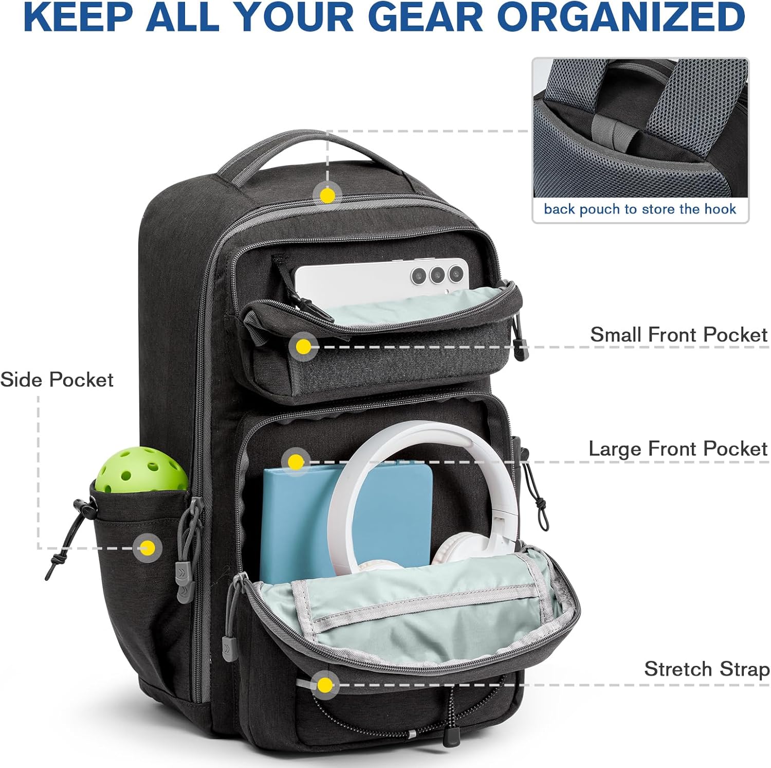 G4Free - G4Free Pickleball Backpack Fits 2 to 6 Paddles, Large Pickleball Bag with Fence Hook -TN25B496A-TN25B496B