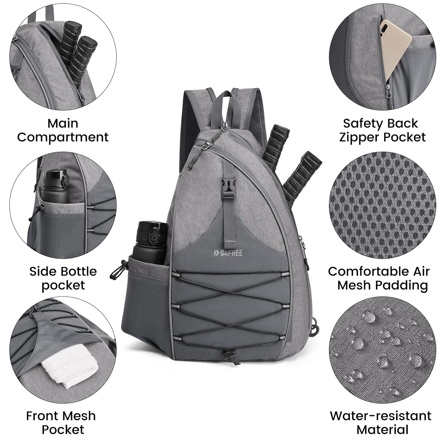 G4Free - G4Free Pickleball Bag with Waterproof Pocket/Fence Hook -TN23B324A-TN23B324B-TN23B324C-TN23B324D-TN23B324E