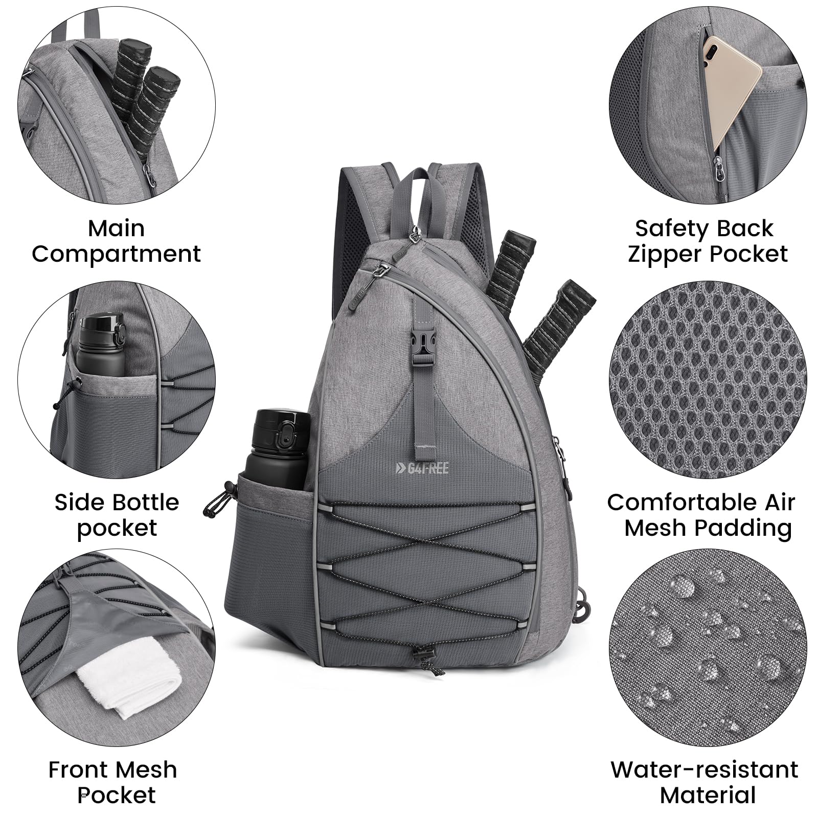 G4Free - G4Free Pickleball Bag with Waterproof Pocket/Fence Hook -TN23B324A-TN23B324B-TN23B324C-TN23B324D-TN23B324E