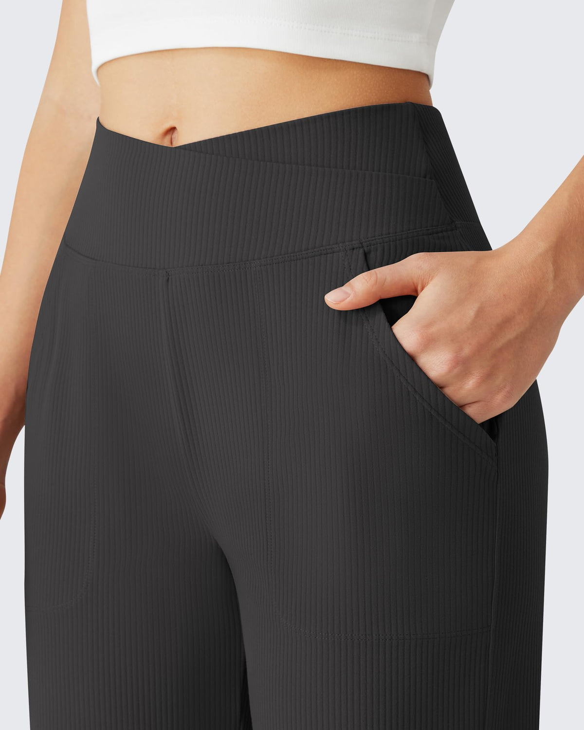 G4Free - G4Free Ribbed 29" Inseam V Waistband Ankle Pants with Pockets -GF26J780A001A-S-GF26J780A001B-M-GF26J780A001C-L-GF26J780A001D-XL-GF26J780A001E-XXL