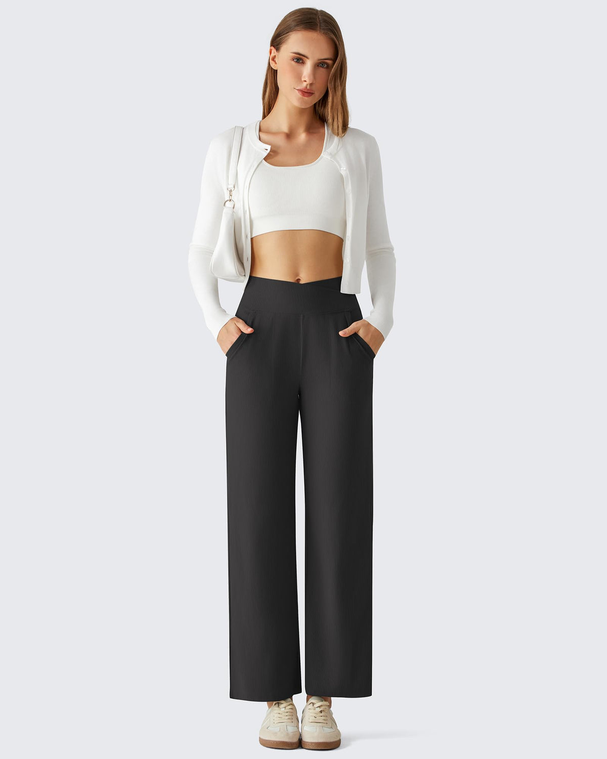 G4Free - G4Free Ribbed 29" Inseam V Waistband Ankle Pants with Pockets -GF26J780A001A-S-GF26J780A001B-M-GF26J780A001C-L-GF26J780A001D-XL-GF26J780A001E-XXL