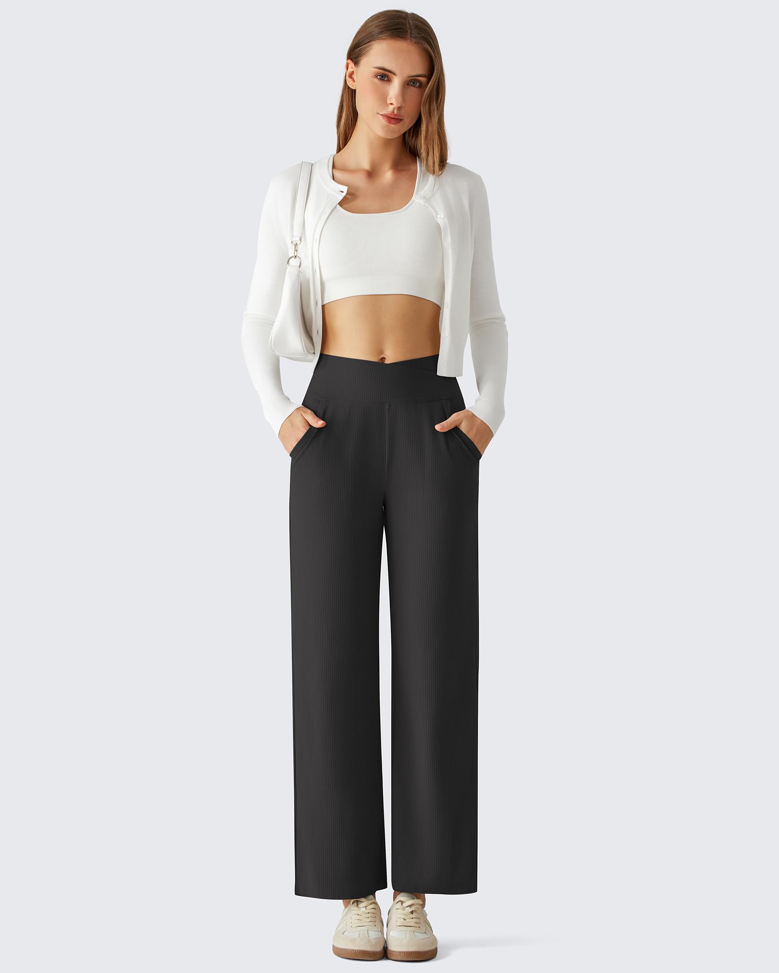 G4Free - G4Free Ribbed 29" Inseam V Waistband Ankle Pants with Pockets -GF26J780A001A-S-GF26J780A001B-M-GF26J780A001C-L-GF26J780A001D-XL-GF26J780A001E-XXL