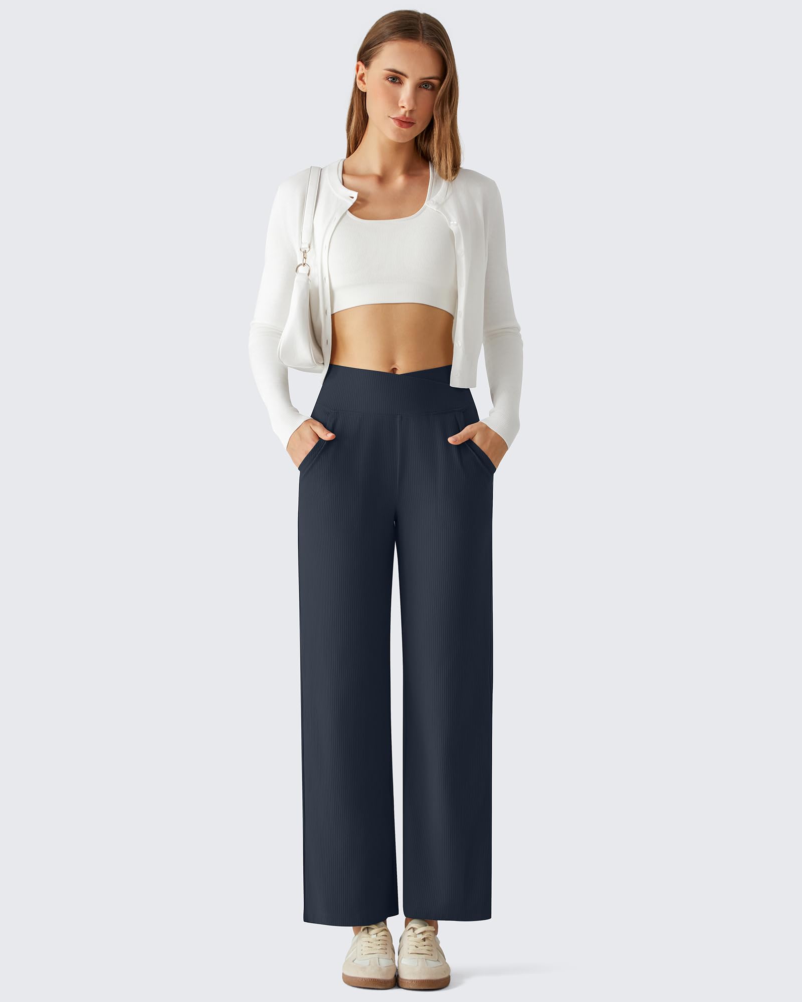 G4Free - G4Free Ribbed 29" Inseam V Waistband Ankle Pants with Pockets -GF26J780A001A-S-GF26J780A001B-M-GF26J780A001C-L-GF26J780A001D-XL-GF26J780A001E-XXL
