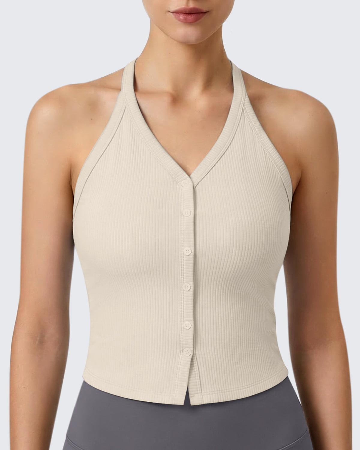 G4Free - G4Free Ribbed Backless Halter Crop Cami -GF26L983A001F-XS