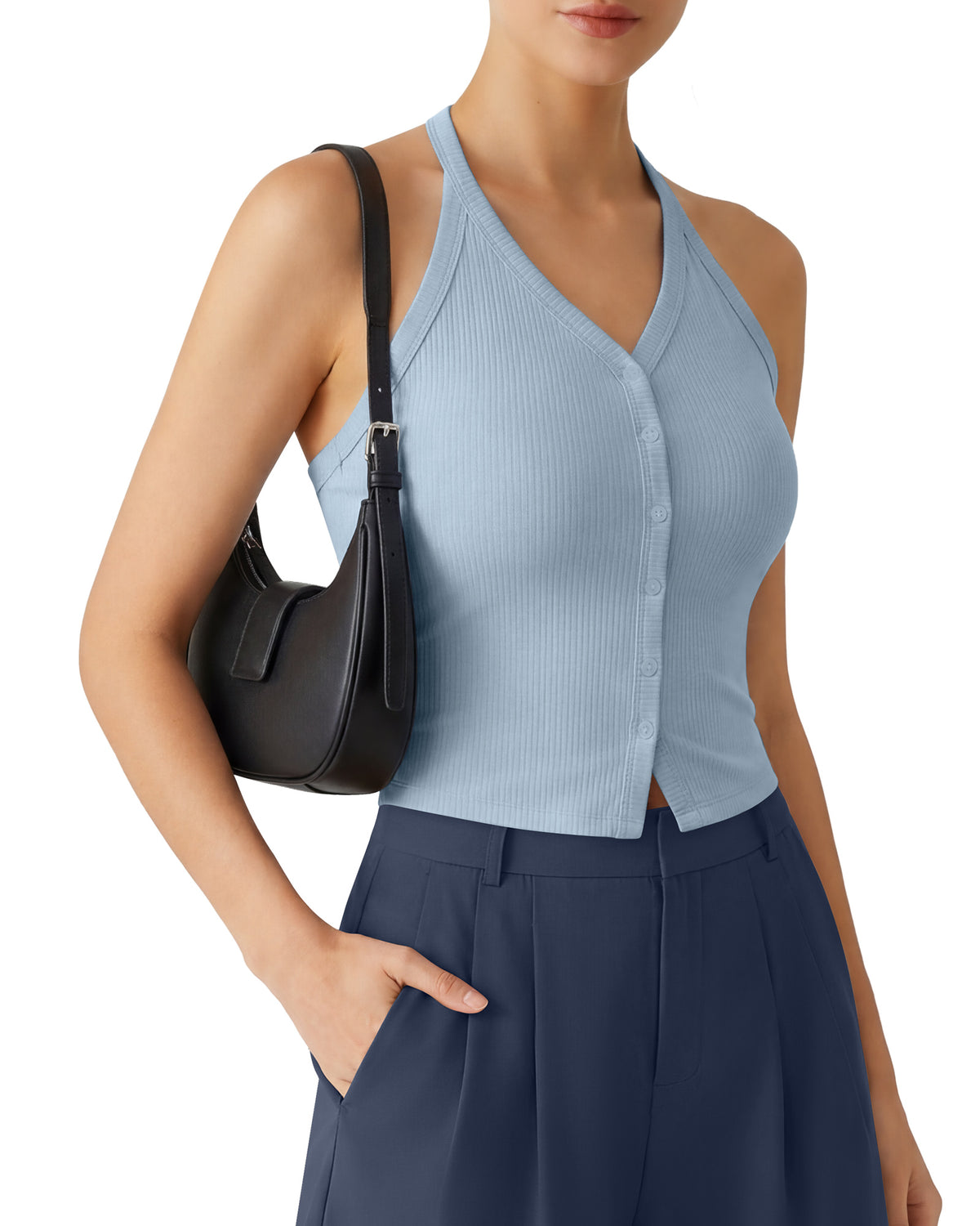 G4Free - G4Free Ribbed Backless Halter Crop Cami -GF26L983A001F-XS-GF26L983A001A-S-GF26L983A001B-M-GF26L983A001C-L-GF26L983A001D-XL