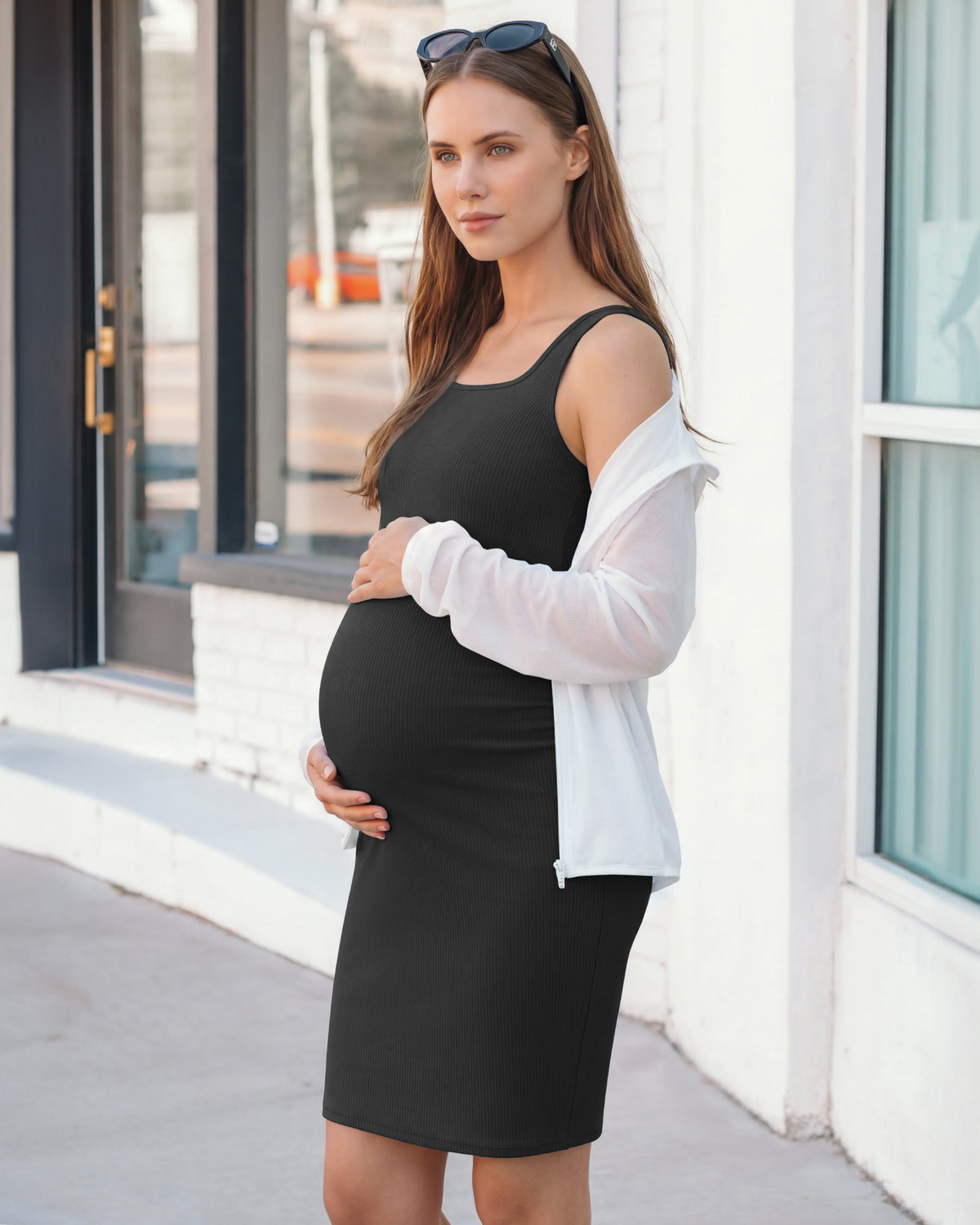 G4Free - G4Free Ribbed Square Neck Midi Maternity Tank Dress -GF26VY980A001A-S-GF26VY980A001B-M-GF26VY980A001C-L-GF26VY980A001D-XL-GF26VY980A001E-XXL