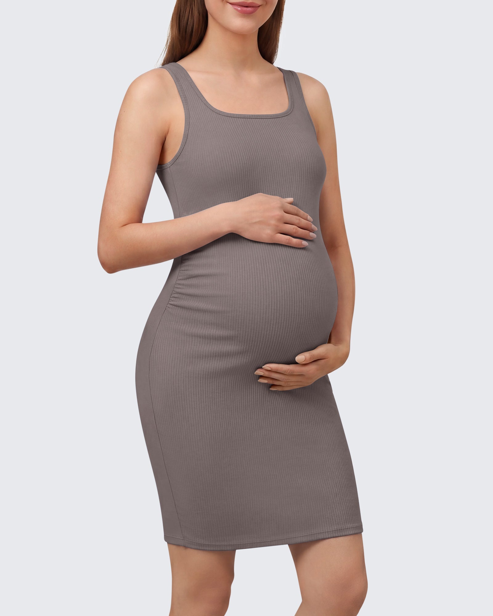 G4Free Ribbed Maternity Dress – Square Neck A-Line Knee Length Gray / S