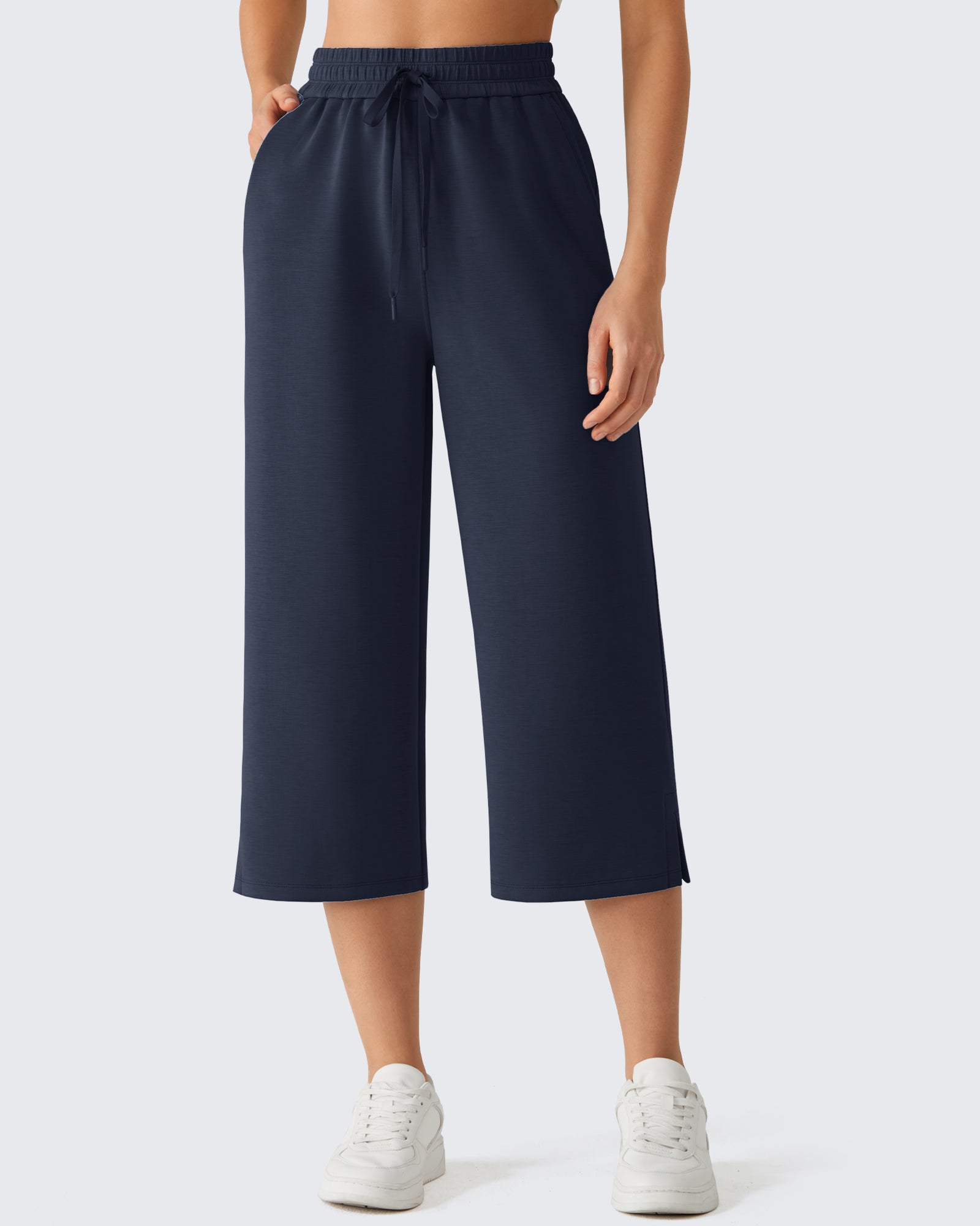 G4Free - G4Free Smoofit Drawstring Wide Leg Capri Pants with Pockets -GF26J907A001A-S
